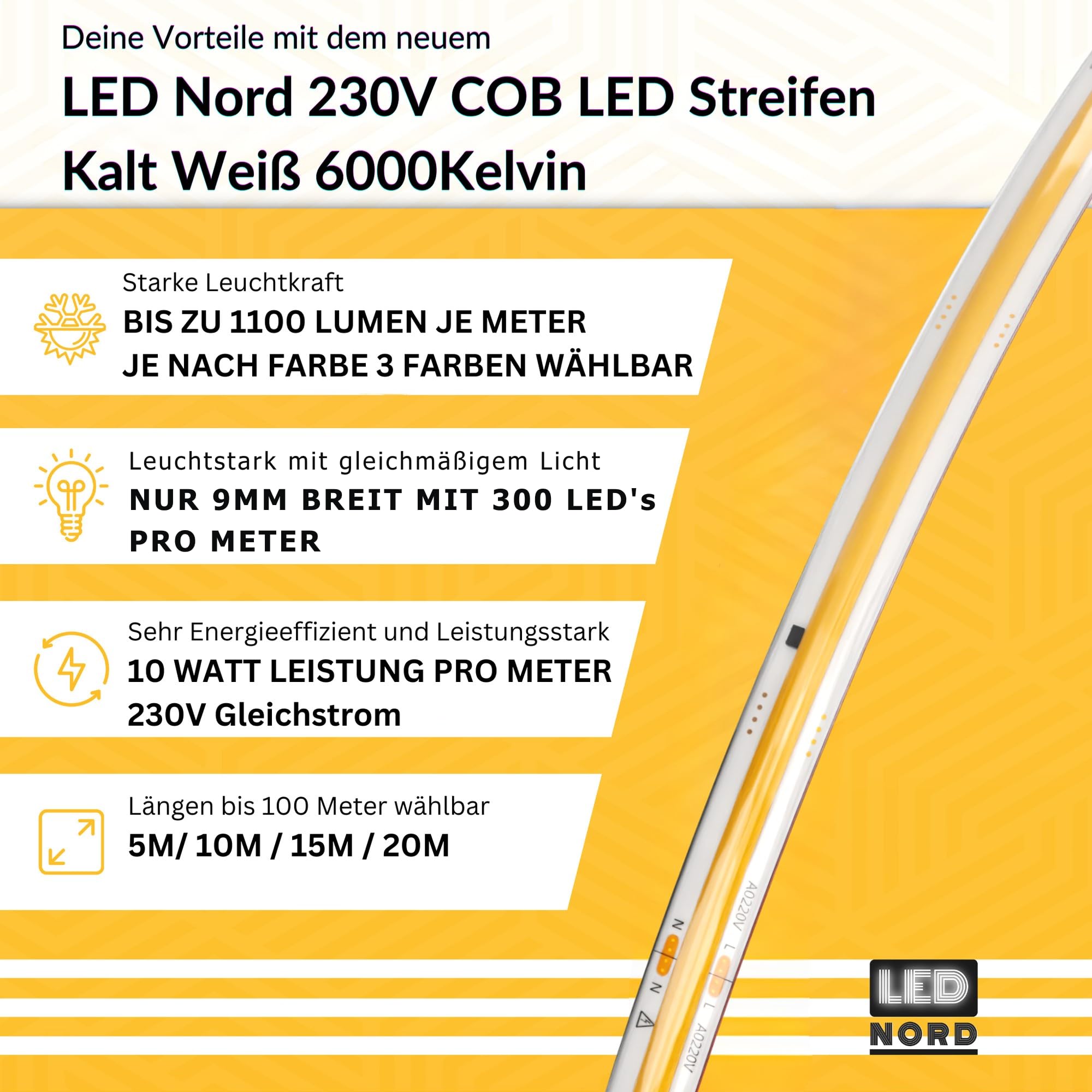 Taśma LED COB 230 V 5 m zimna biel 6000 K, ściemniana taśma świetlna LED IP67, 10 W/m, do 1100 lm/m, możliwość przycięcia co 12,5 cm, samoprzylepna, do wewnątrz i na zewnątrz (20 metrów)
