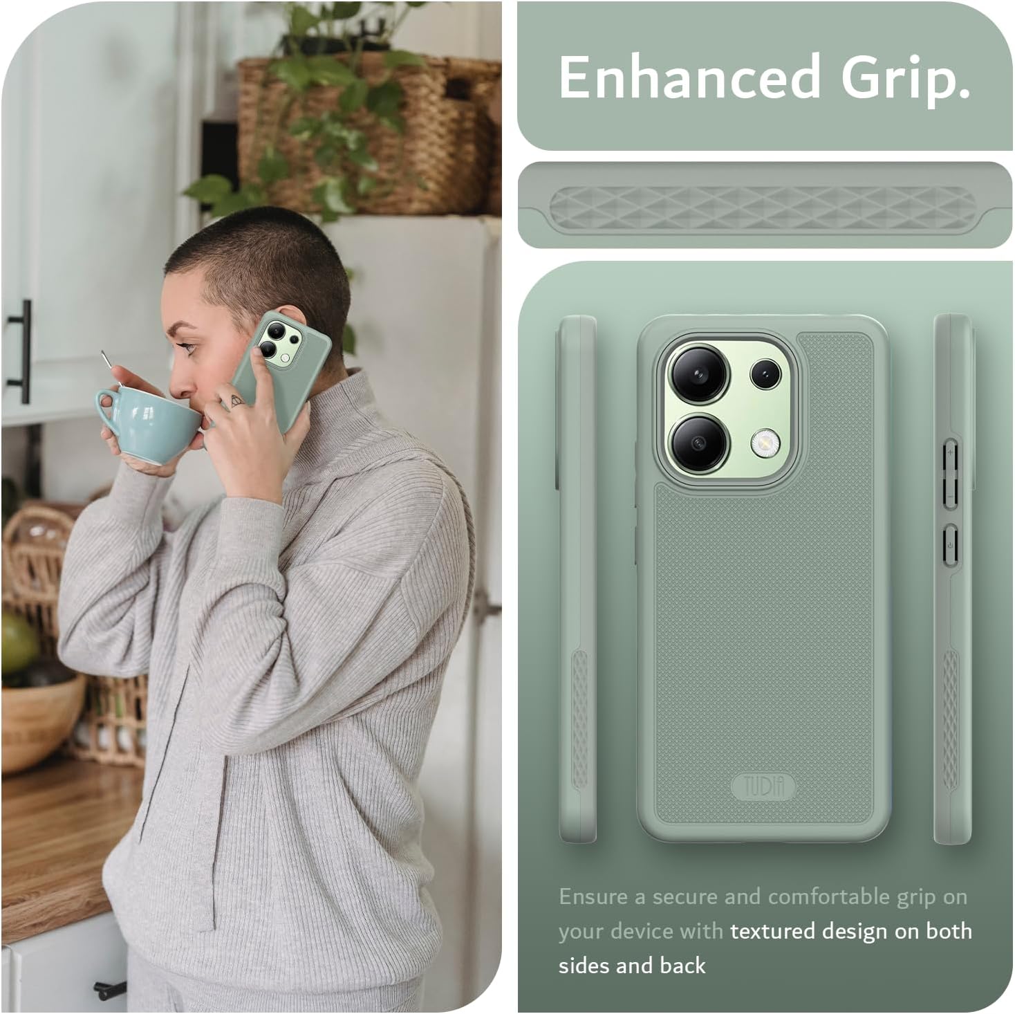 TUDIA DualShield Grip Designed for Xiaomi Redmi Note 13 4G Case (2024), [MergeGrip] Military Grade Dual Layer Shockproof Slim Tough Heavy Duty Protective Phone Case Cover (Green Lily)