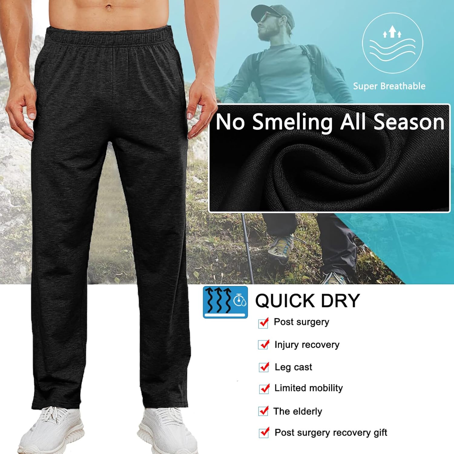 Deyeek Men's Tear Away Pants 2 Side Snap Open Bottom Sweatpants Loose Fit Casual Post Surgery Pants with Pockets - Image 3