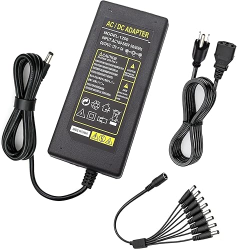 Miniatura 6 de Adaptador de corriente para cámara de seguridad de 2 puntas, 12 V, 5 A, 100 V-240 V, adaptador de corriente de 8 vías, cable divisor de alimentación