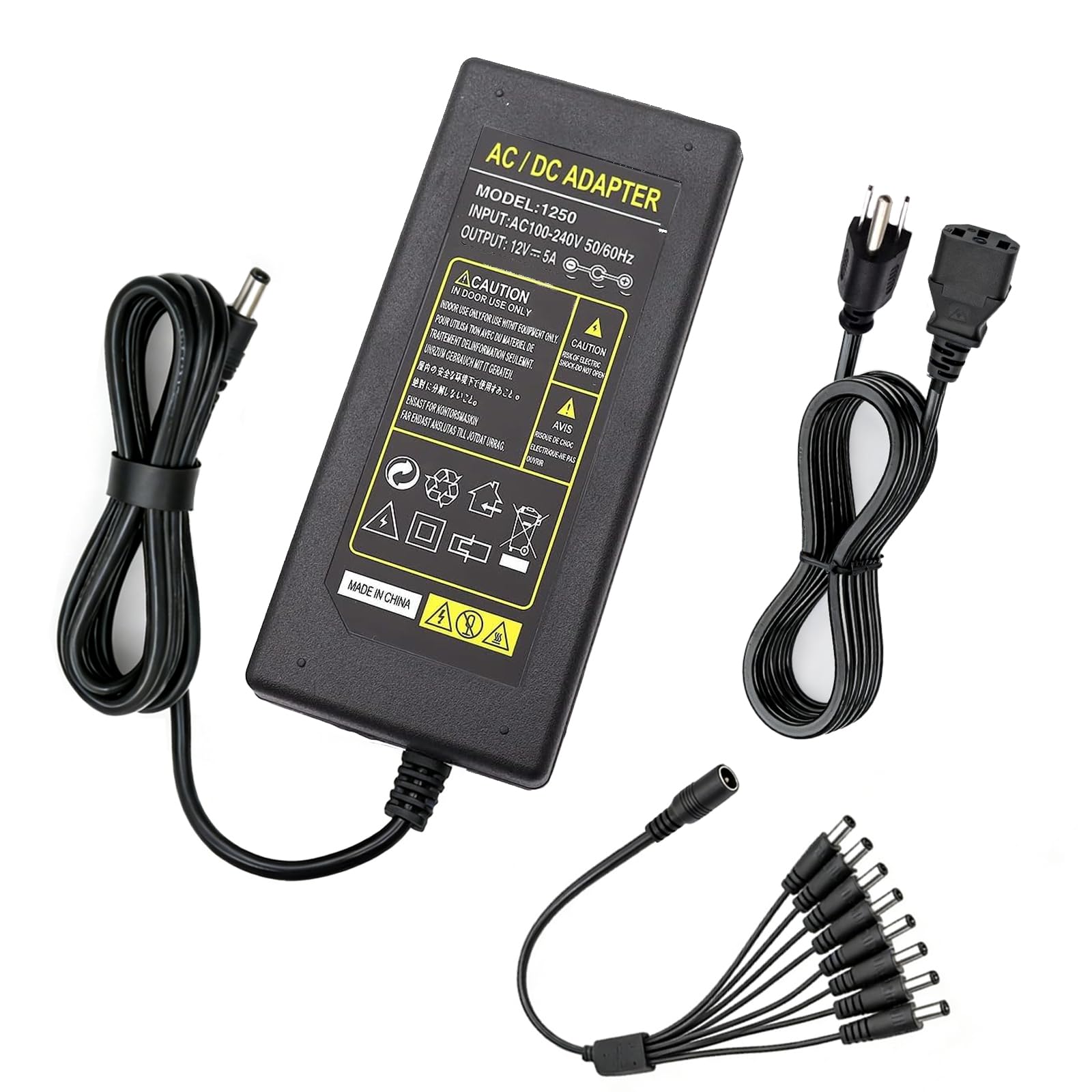 3-Prong 12V 5A Power Adapter, 8-Way Splitter Cable for CCTV/Cameras