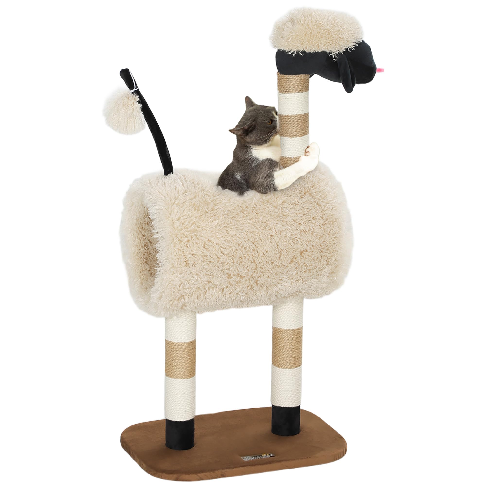 PawHut Kratzbaum Schaf-Design für Katzen bis 5 kg Tunnel 98 cm Hellbraun | Katzenturm, Kratzpfosten, Spielball, Mehrstöckiger Katzenkratzbaum, Kletterbaum