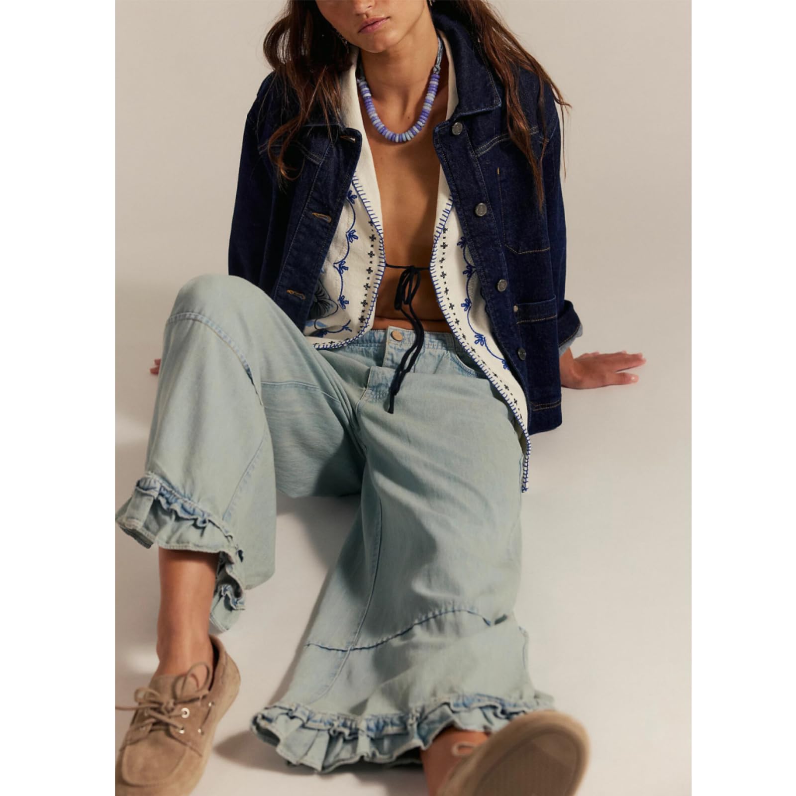 Jeans con dobladillo con volantes para mujer, tiro medio, pierna ancha, pantalones de mezclilla holgados con cintura elástica y bolsillos