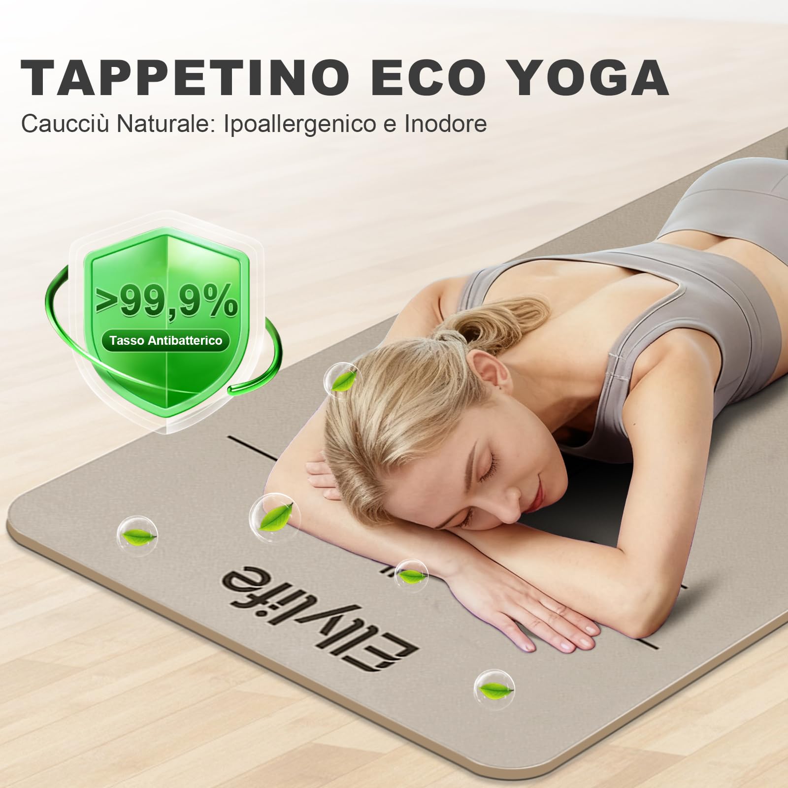 Tappetino Yoga Antiscivolo Spesso, con segni di allineamento del corpo, Gomma naturale + TPE ecologico o PU, Delicato sulla pelle, Forte presa, con Cinghia, per Yoga, Pilates e Fitness