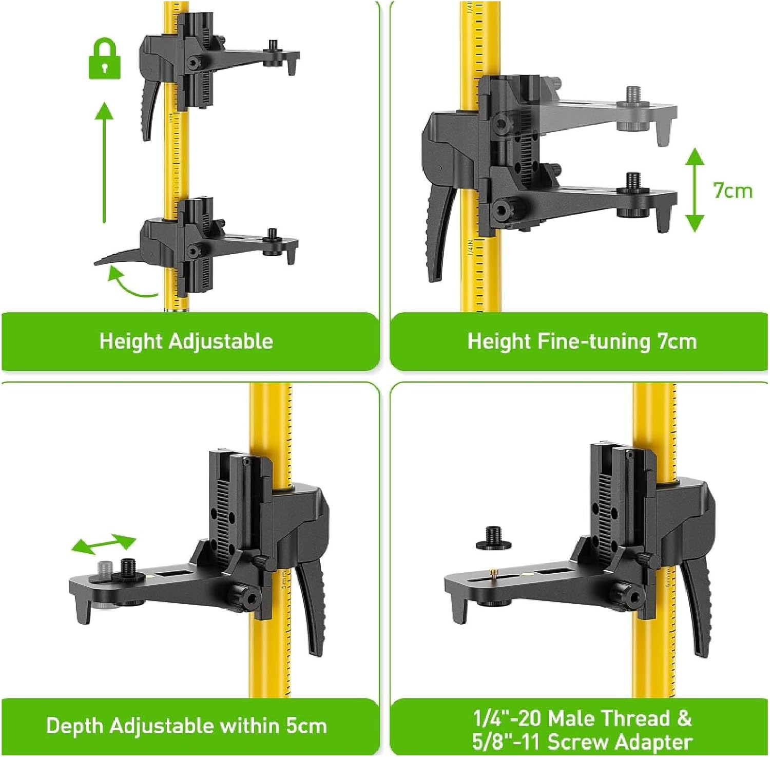 Lasers Telescopic Pole, Aluminum Alloy and Plastic Level Tripod, 1/4-20 Thread Bracket, Adjustable Bubble Level Mounting Pole for Rotary and Line Lasers