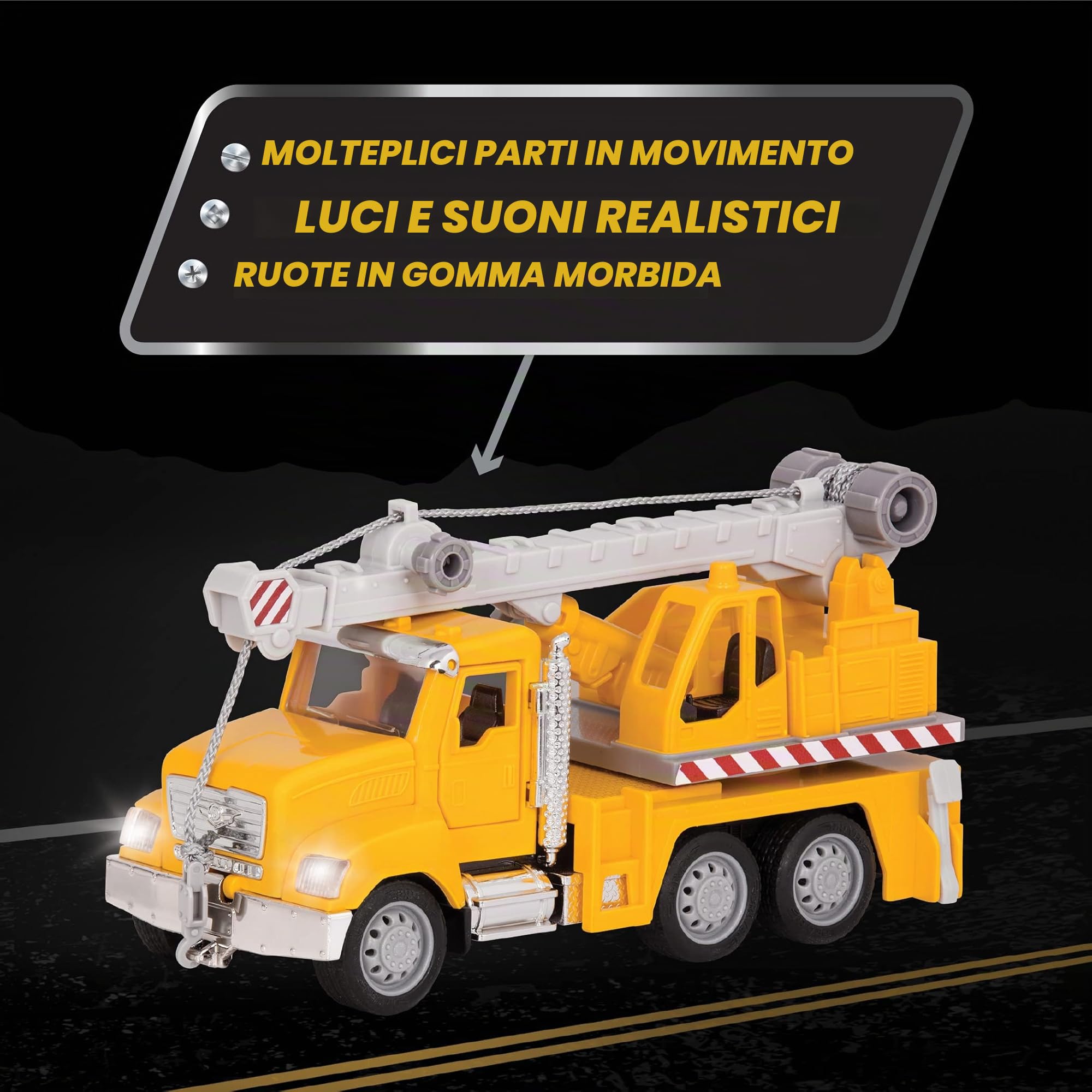 Driven by Battat - Micro autogru - Camion gru per bambini - Veicolo da costruzione giocattolo - Parti mobili - Luci e suoni - 3 anni +