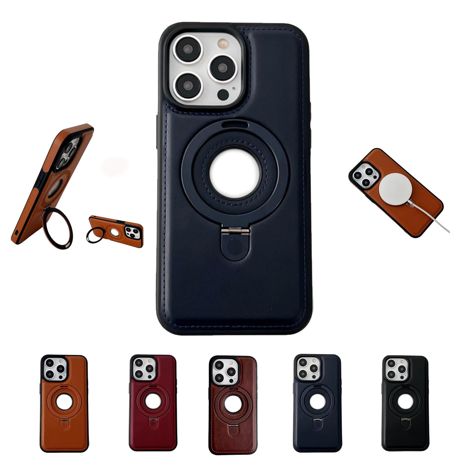 BnMvF Leonaw Leather Phone Case for iPhone,Full Coverage Shockproof Leather Magnetic Holder Phone Case for iPhone (Blue,14 Pro-max)