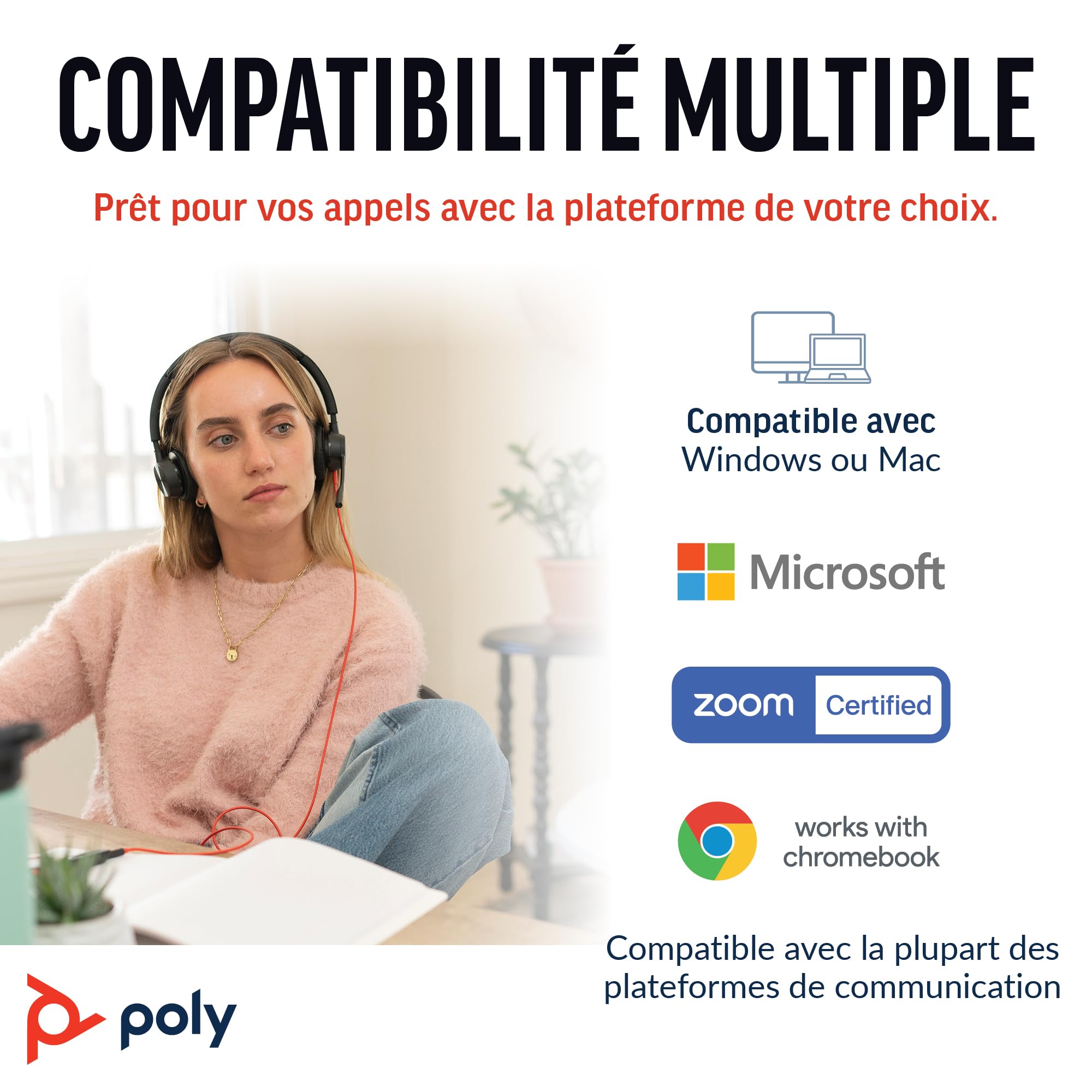 Micro-casque filaire haut de gamme Poly Blackwire 8225 – Annulation active du bruit – Son binaural hi-fi - Connexion à un PC/Mac - Fonctionne avec Teams, Zoom