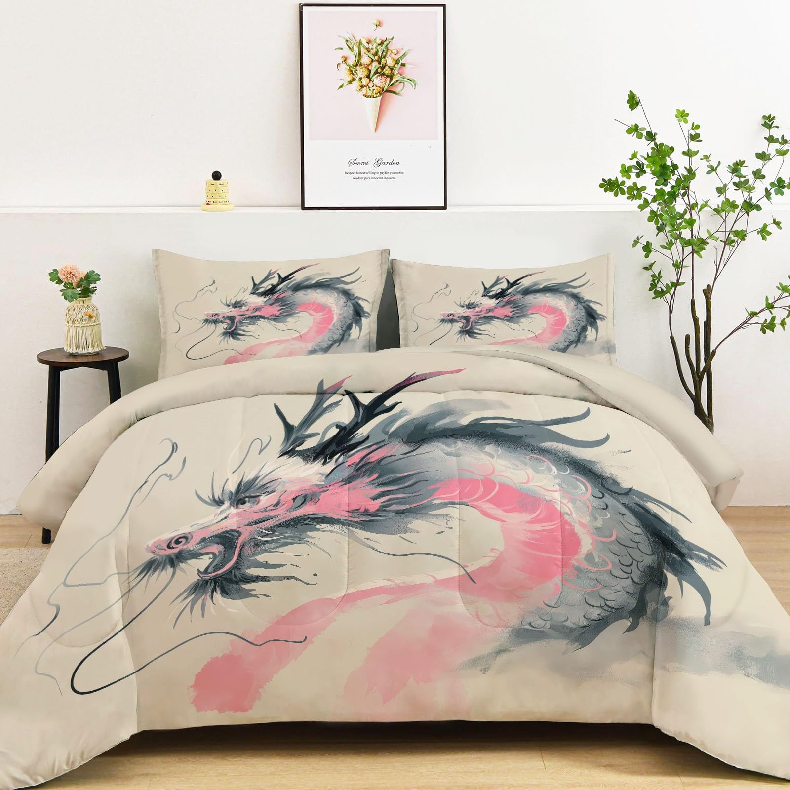 Trapunta stampata 140 x 200 cm Drago cinese reversibile Trapunta Pittura Cinese 4 Stagioni - Beige Trapunte Trapuntate per Letto Matrimoniale 2 Persone, Edredon Trapunte senza Houss e 2 federe 65 x 65