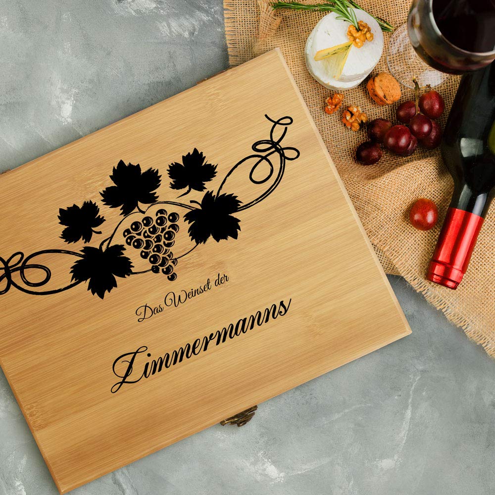 Maverton Weinöffner-Set personalisiert Weinset Sommelier Set - Geschenkbox Holzbox + 8er Weinzubehörset - aus Bambus - Braun - Weihnachtsgeschenke - Geschenk Hochzeit Hochzeitstag Paar - Weintraube