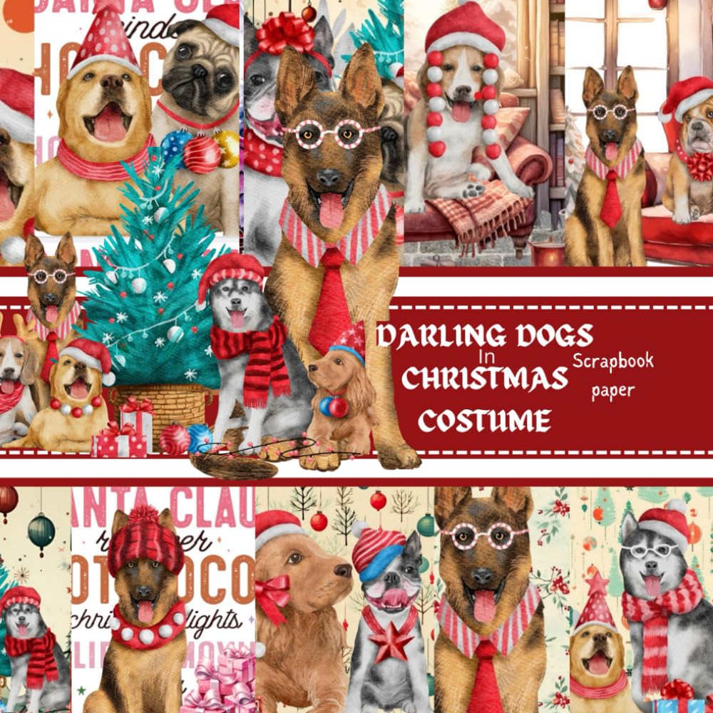 Papier scrapbooking chiens de Noël 20x20 double face pour loisirs créatifs