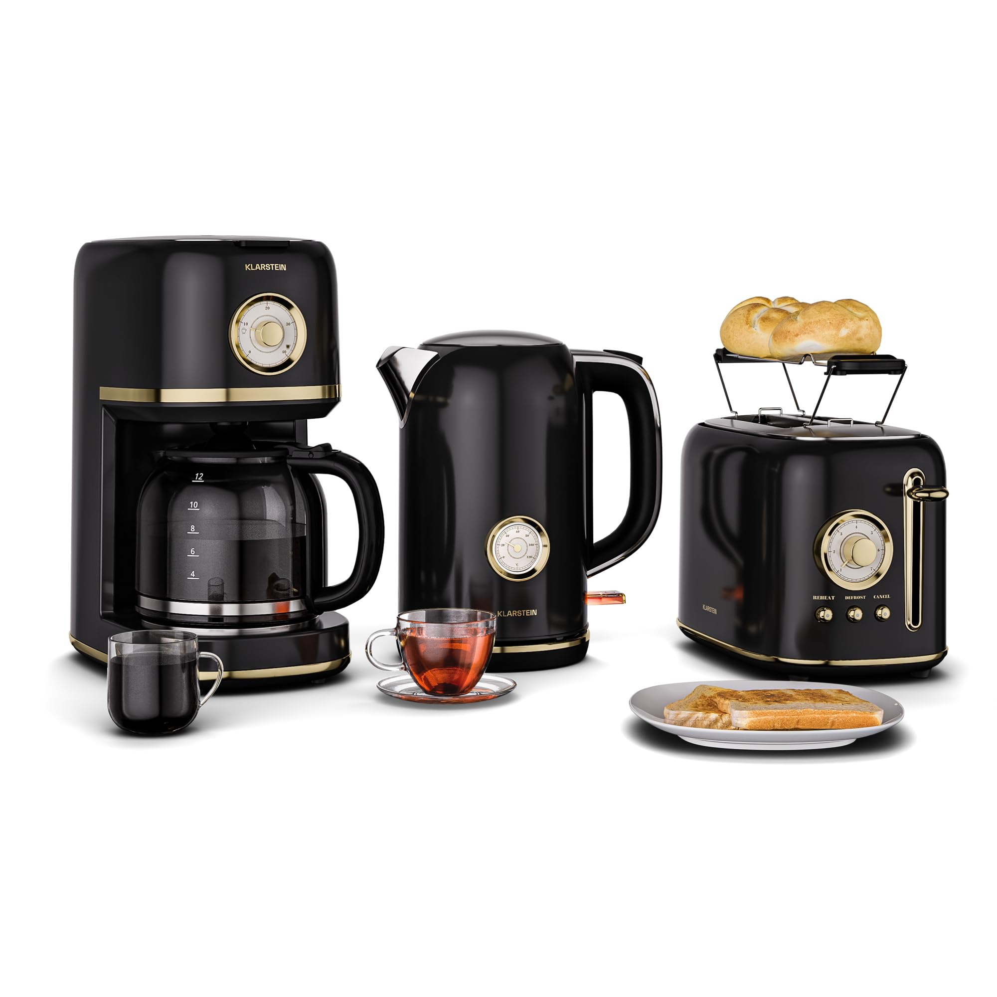 KLARSTEIN Victoria Set Petit-Déjeuner Complet – Grille-Pain 2 Fentes 7 Niveaux, Bouilloire Électrique 1,7L, Cafetière Filtre 12 Tasses, Design Rétro, Noir