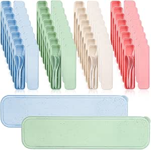 32 Sets Reusable Travel Utensils Set with Case, Wheat Straw Cutlery
