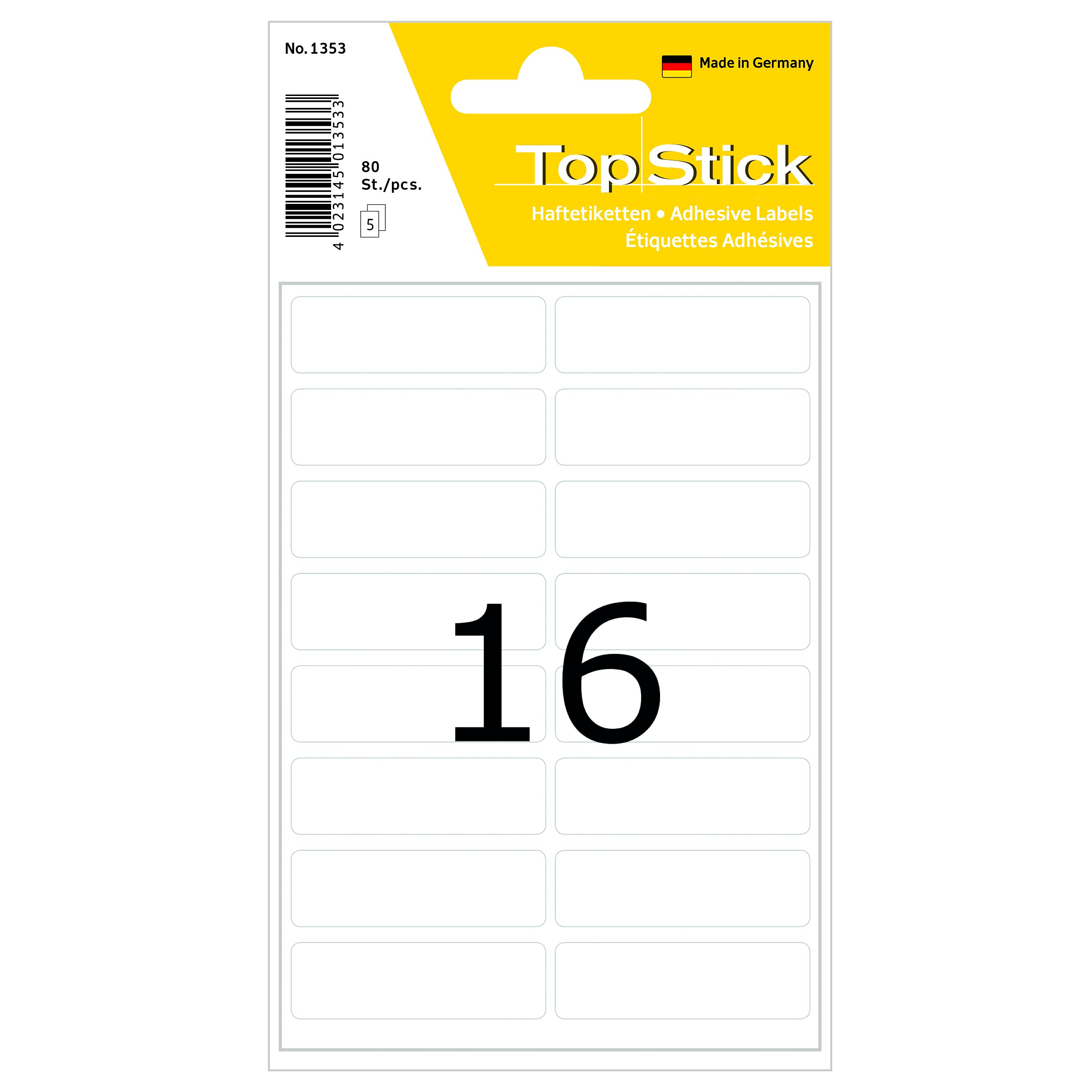 TopStick 1353 Multi-Purpose Labels, 16 Labels Per Sheet, 13 x 40 mm, 800 Labels, Self Adhesive, Small Stickers for Hand Labelling, White