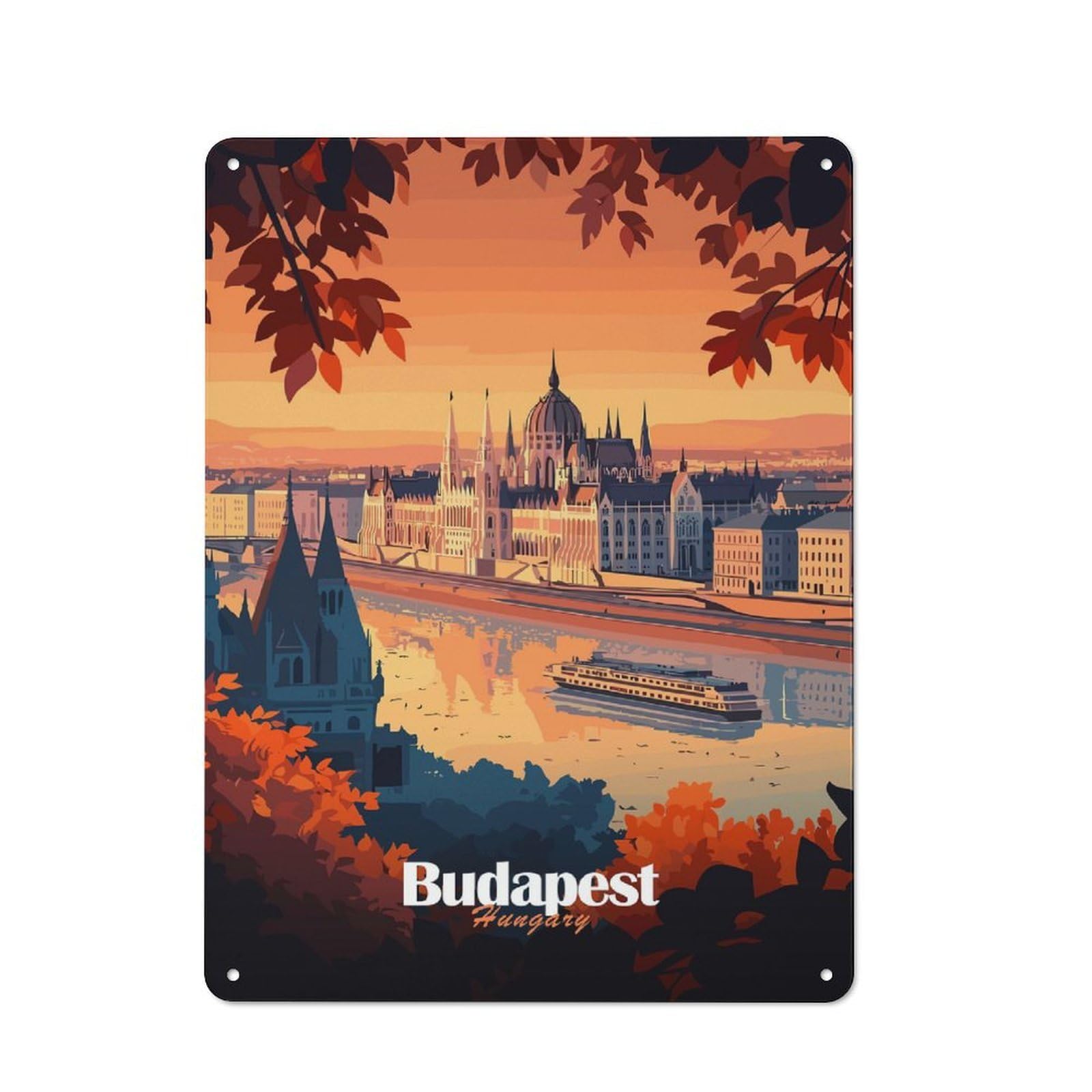 Junmoney Style-22 Retro Metal Wall Sign 40X30cm With Budapest Cityscape For Workshop Wall, For Kitchen, Dining Room And Home Bar Wall Decor