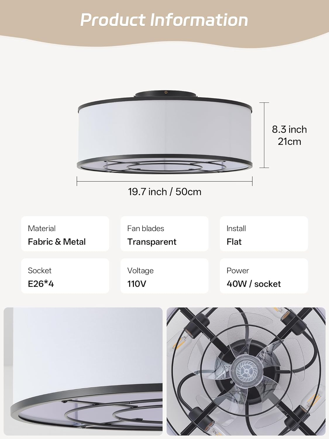 Caged Low Profile Ceiling Fans with Lights, Bladeless Ceiling Fan with lights Remote, Flush Mount Modern Enclosed with 6 Speeds for Bedroom, Kitchen (Black)