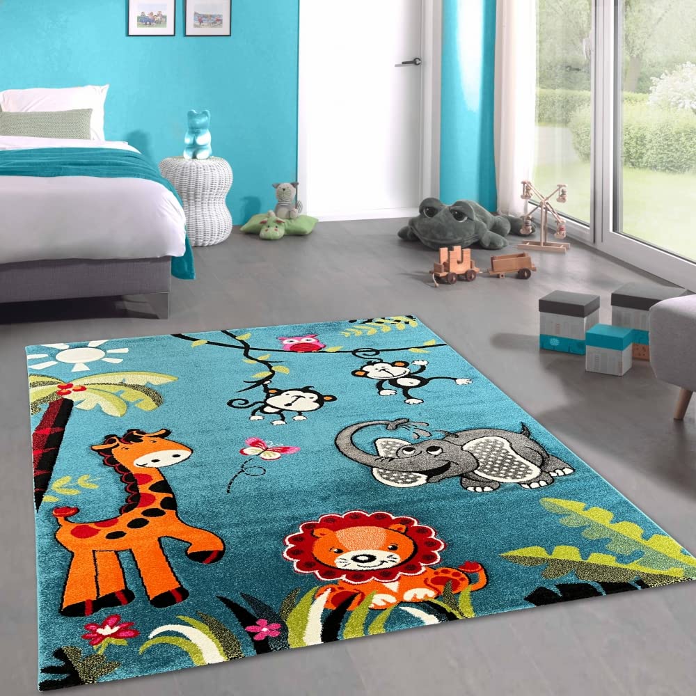 CARPETIA Dywan Zootier do pokoju dziecięcego z efektem 3D, cięcie konturowe, niebiesko-kolorowy, wymiary 160 x 230 cm