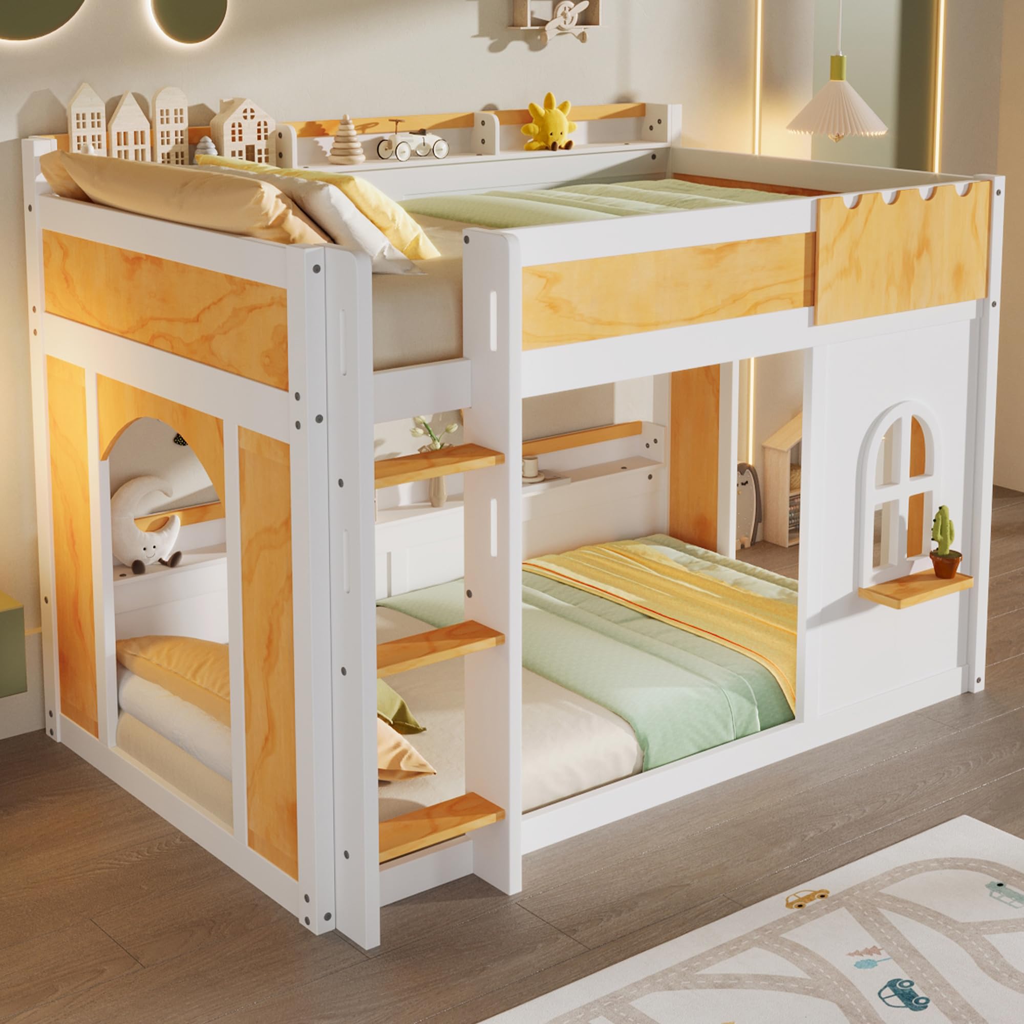 Twin Over Twin Bunk Bed with Storage Shelves, Playhouse Design, Twin Doors &amp; Window – Space-Saving Wooden Loft Bed for Kids &amp; Teens