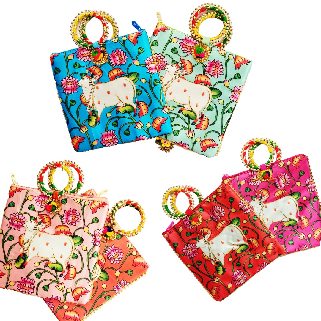 Cow Print Bangle shaped Handle bag with Zip | Wedding | Gruhapravesh |Haldi |Baby Shower | Bridal return gift potli Bags with Zipper for Ladies(Pack of 6)-image-44