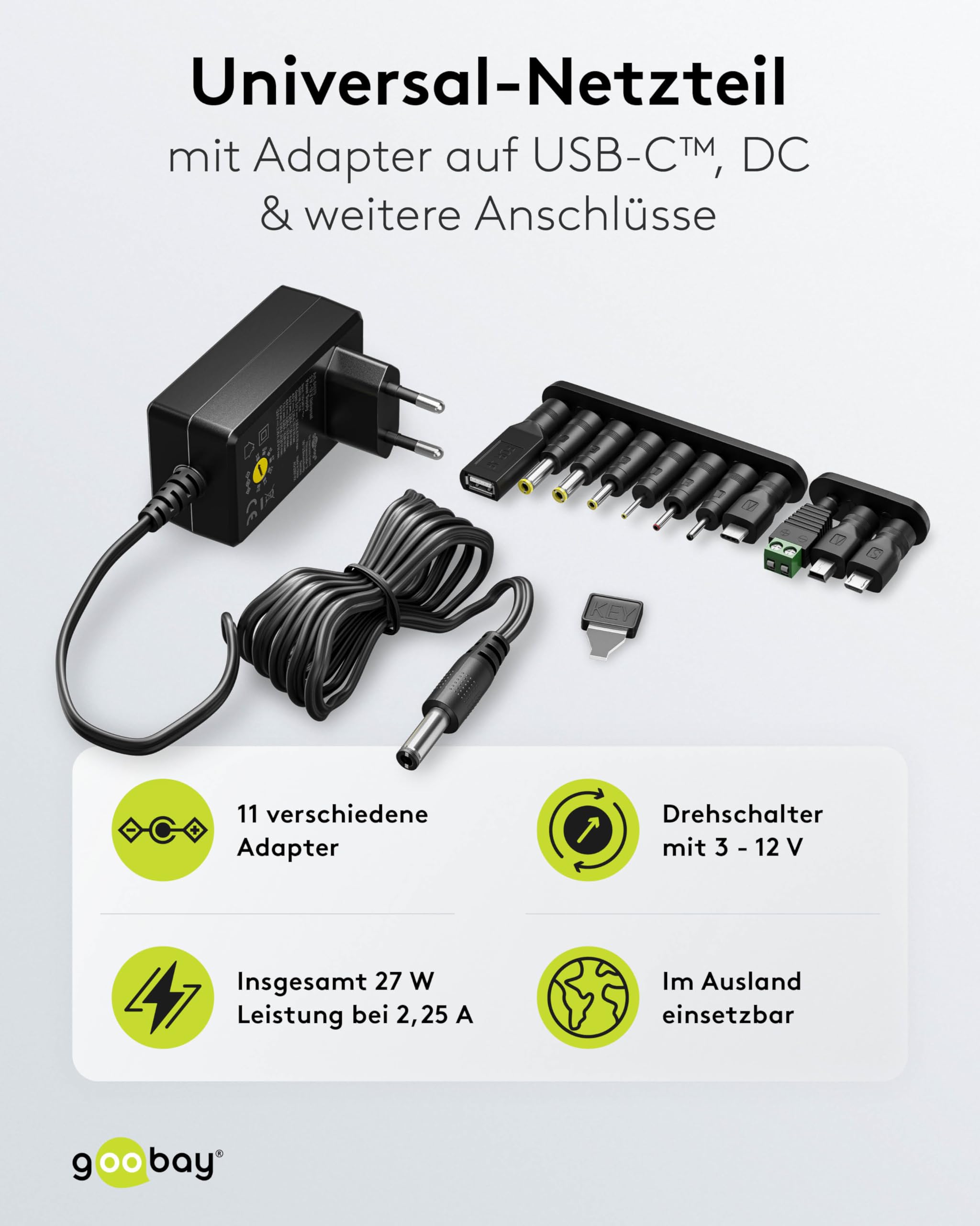 goobay 64570 Alimentatore universale 3 V - 12 V, max. 27 W/DC adattatore di ricambio per TV, PC, router, striscia LED/Tensione variabile/USB C, Micro USB/incl. 11 adattatori/Nero