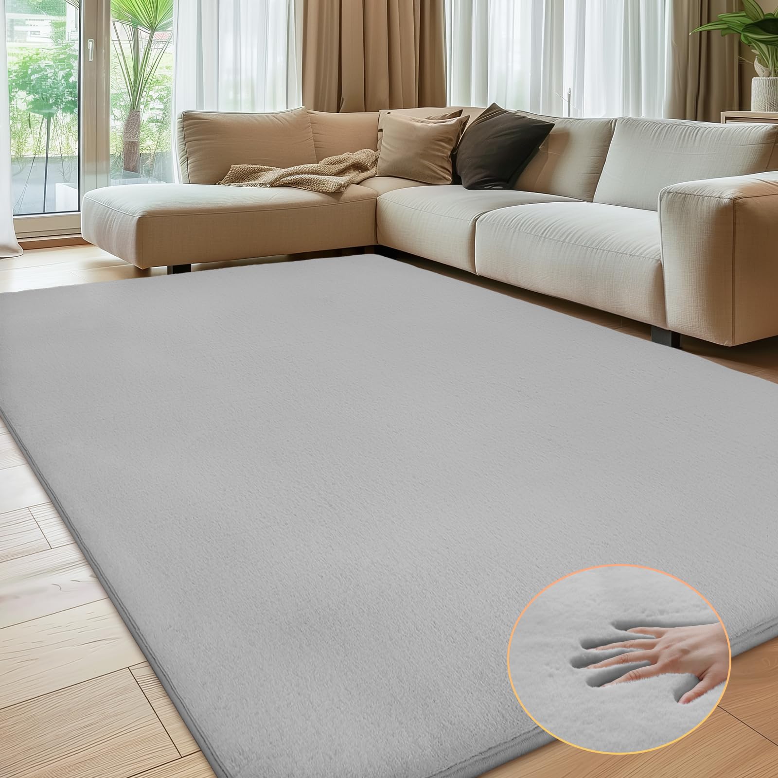 Sour Lemon Teppich, Wohnzimmer, 200 x 300 cm, grauer Kunsthasen-Teppich | Moderner großer, rutschfester Teppich, Kaninchenfell, fusselfrei, flauschig, Kurzflor-Teppich für Schlafzimmer, Kinderzimmer