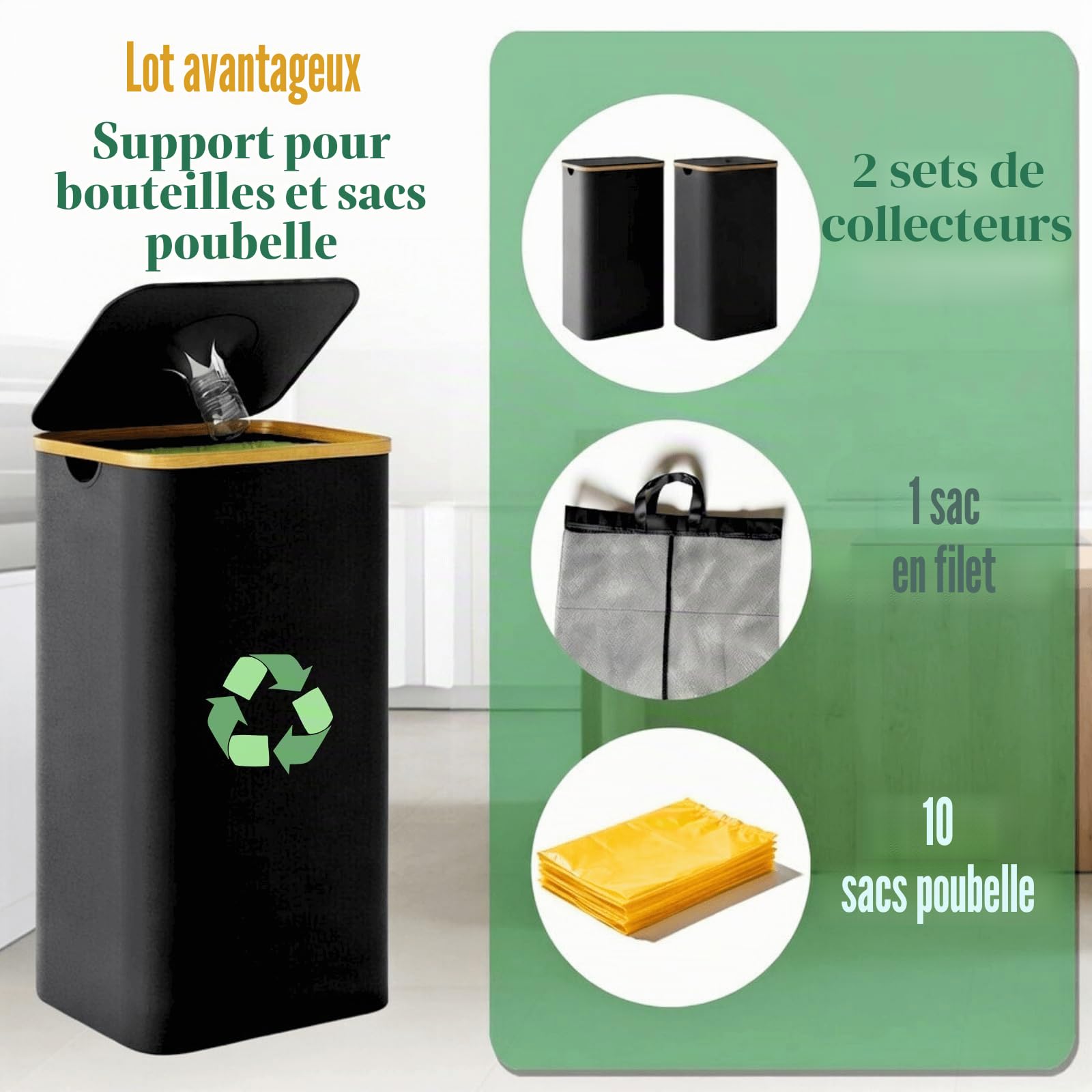 RMAN® 2 × 100L Support sac poubelle avec couvercle - poubelle tri selectif - conception à ouverture arrière - avec 10 pcs 90L sac poubelle jaune pour maison et cuisine, extra robuste et stable