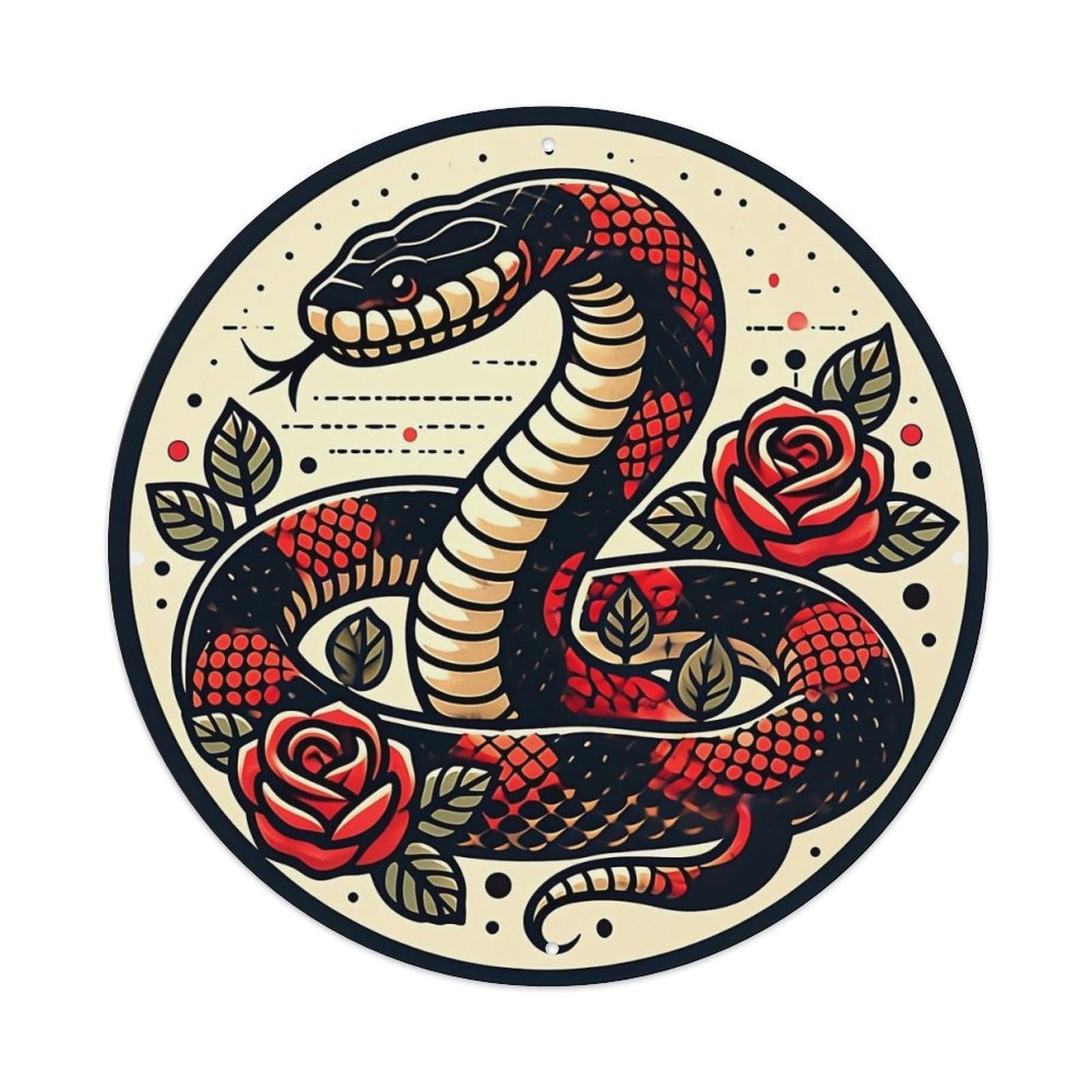 Snake Rose Tattoo Design Pattern Vintage Round Tin Sign Retro Metal Wall Decor Metal Poster, Home Bar Garage Cafe Wall Art Decoration 8x8Inches