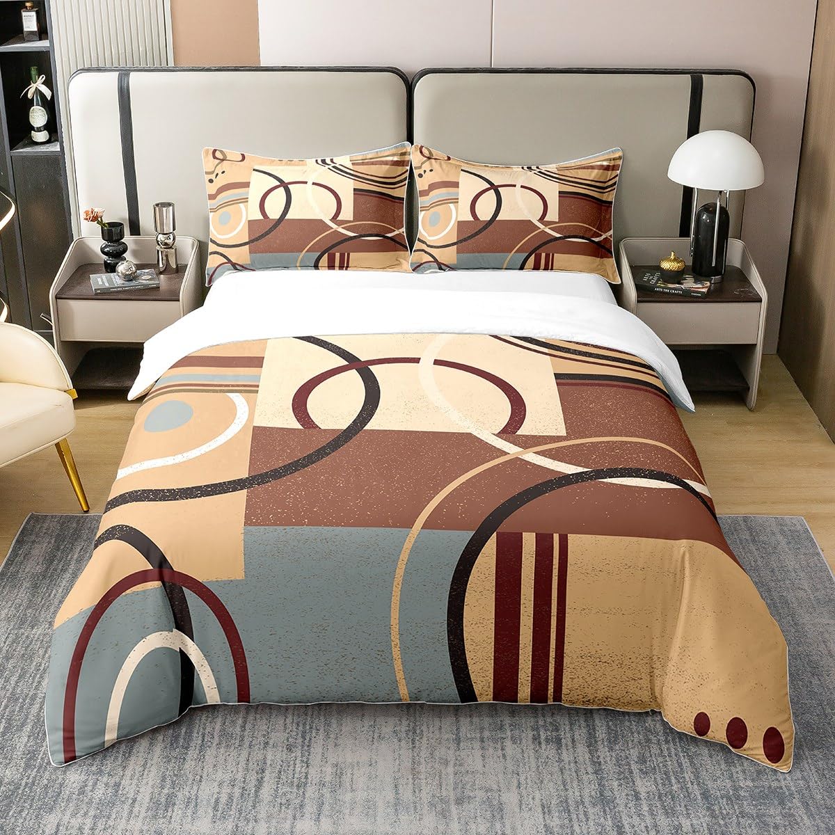 Homemissing Geometric Bedding Set Super King Size Kids Barclay Arcs Shapes Comforter Cover Set for Boys Girls Teens Modern Decor 100% Cotton Duvet Cover Modern Art Bedspread Cover