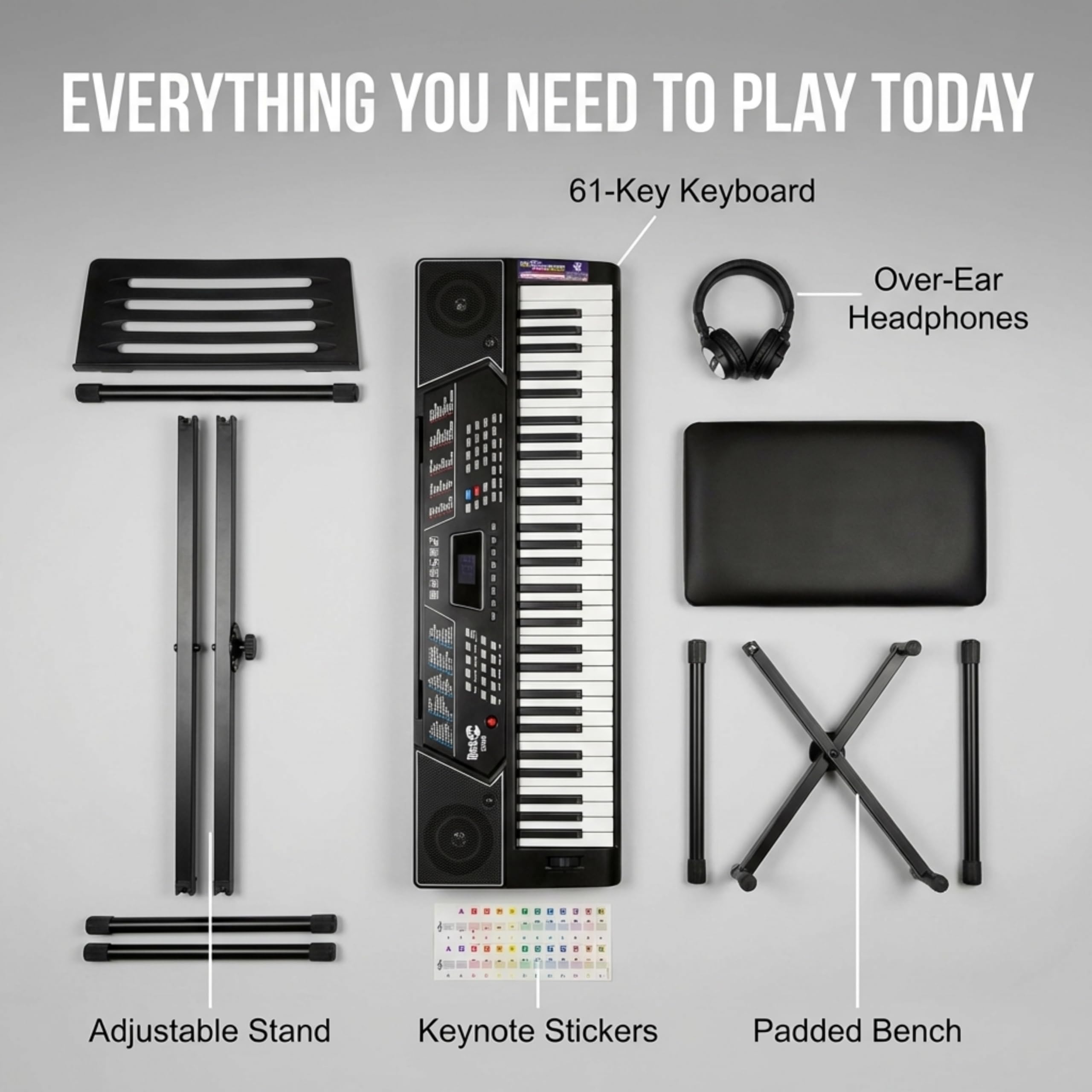 RockJam 61 Key Keyboard Piano Stand With Pitch Bend Kit, Piano Bench, Headphones, Simply Piano App & Keynote Stickers