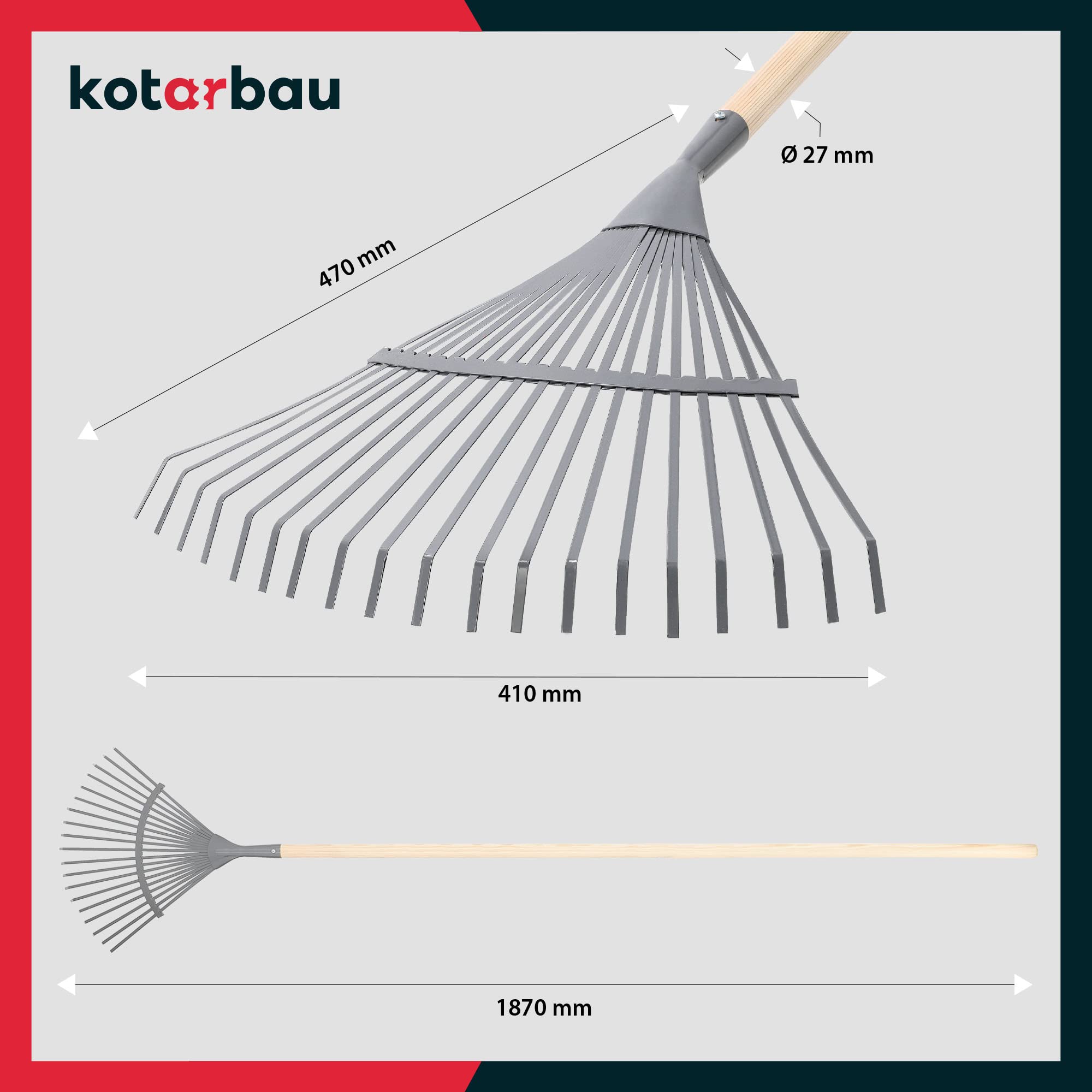 KOTARBAU® Rastrillo Jardín - Acero - 41 cm - Rastrillo Hojas Jardín - con Mango 187 cm - Herramienta Robusta para Jardinería - Gris y Madera Natural