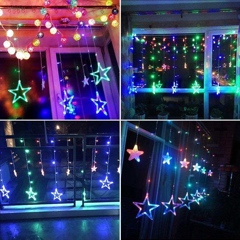 Solar Lichtervorhang Aussen, 2.5M*90cm 12 Sterne 138 LED Lichterkette Fenster Vorhang Weihnachtsbeleuchtung 8 Modi Wasserdicht Dekoration für Innen Außen (Mehrfarbig)