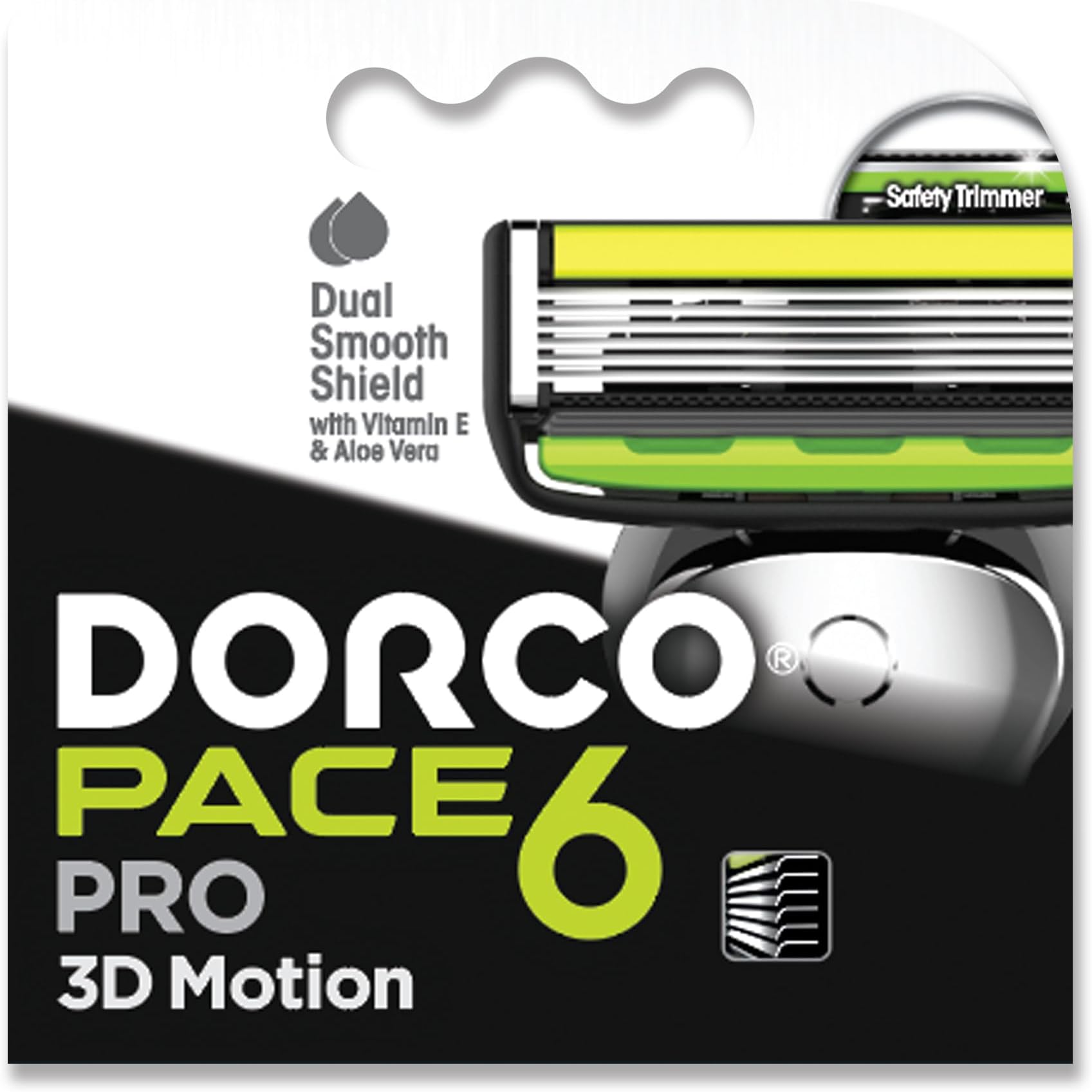 Dorco Pace 6 Pro 3D Motion Men's Blade Refill, 4 Count, Dual Smooth Shield with Vitamin E, Aloe Vera & Argan Oil, Easy-Rinsing, Safety Trimmer and Slim Cartridge, SleekFlow Guard Bar
