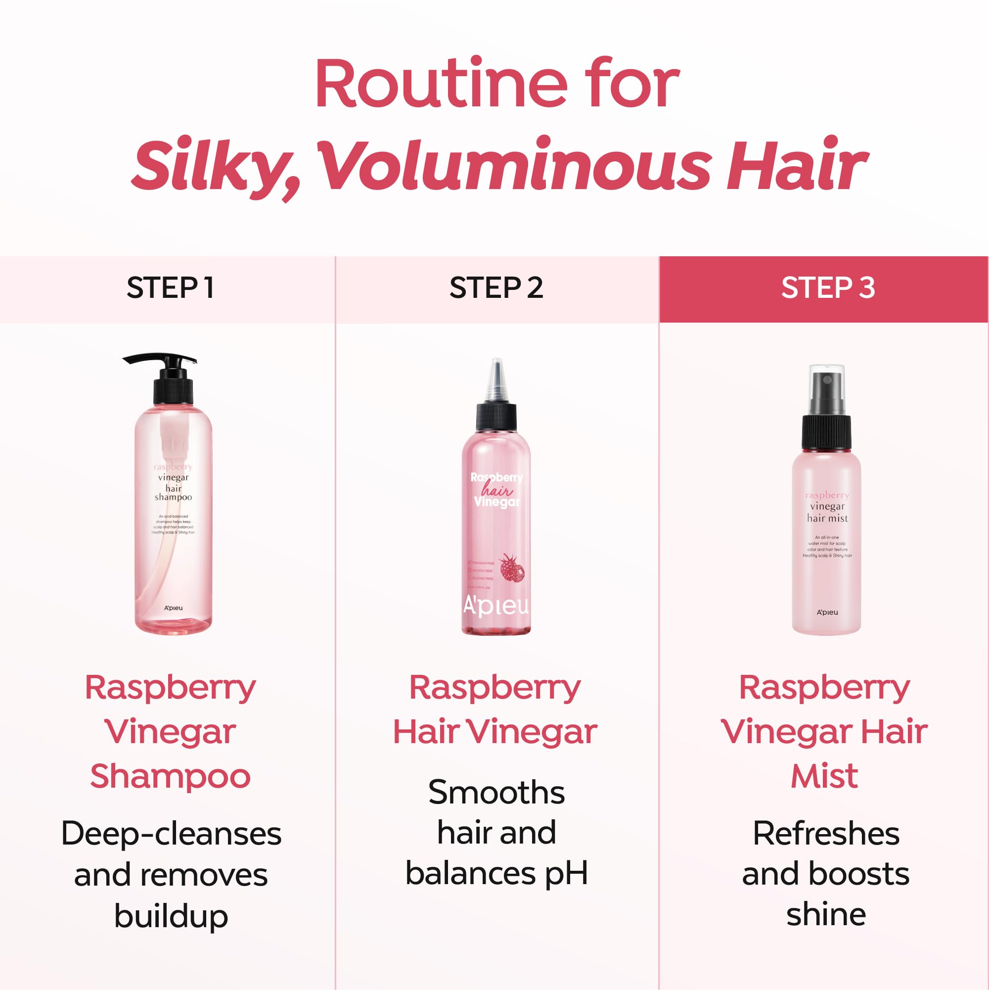 A'PIEU Brume capillaire au vinaigre framboise (105 ml) - Brume de soin des cheveux du cuir chevelu - Parfum capillaire sans frisottis - Parfum floral rafraîchissant toute la journée - Non collant