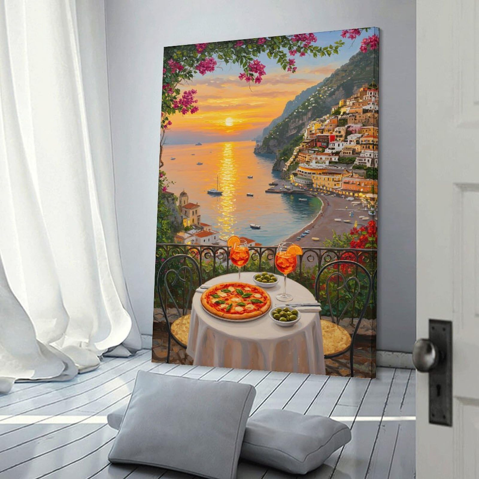 Junmoney Wall Picture Print Italian Coast Dinner with Sunset View, 16x24inch(40x60cm), for Living Room, Lounge Or Sitting Room, Modern Wall Decor for Cosy Interiors