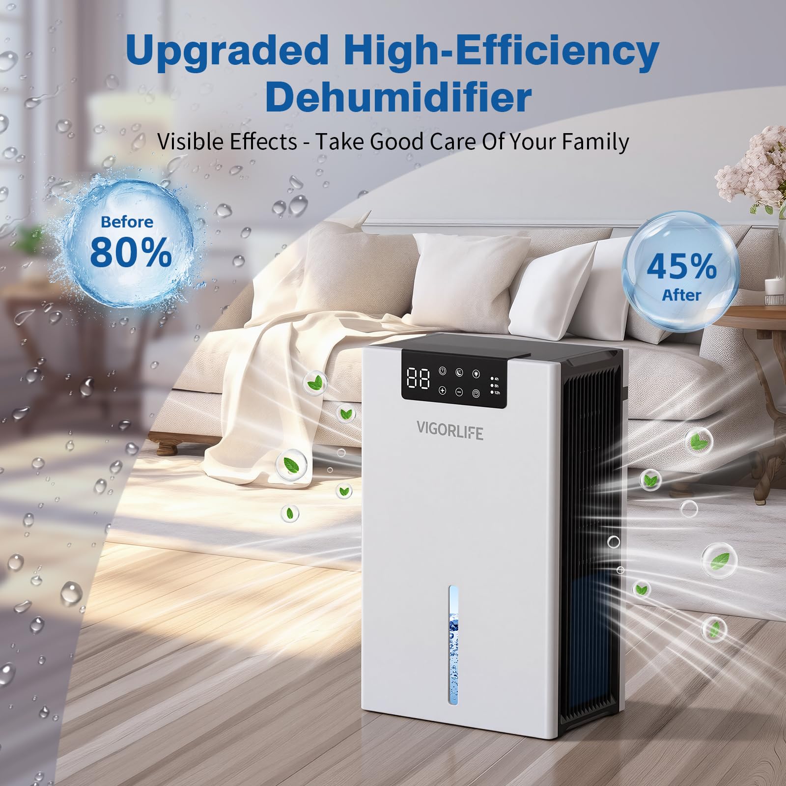 Deumidificatore elettrico, silenzioso, 2800 ml, con sbrinamento automatico, timer e display LED, 7 colori, assorbitore di umidità per casa, guardaroba e ripostiglio (Bianco)