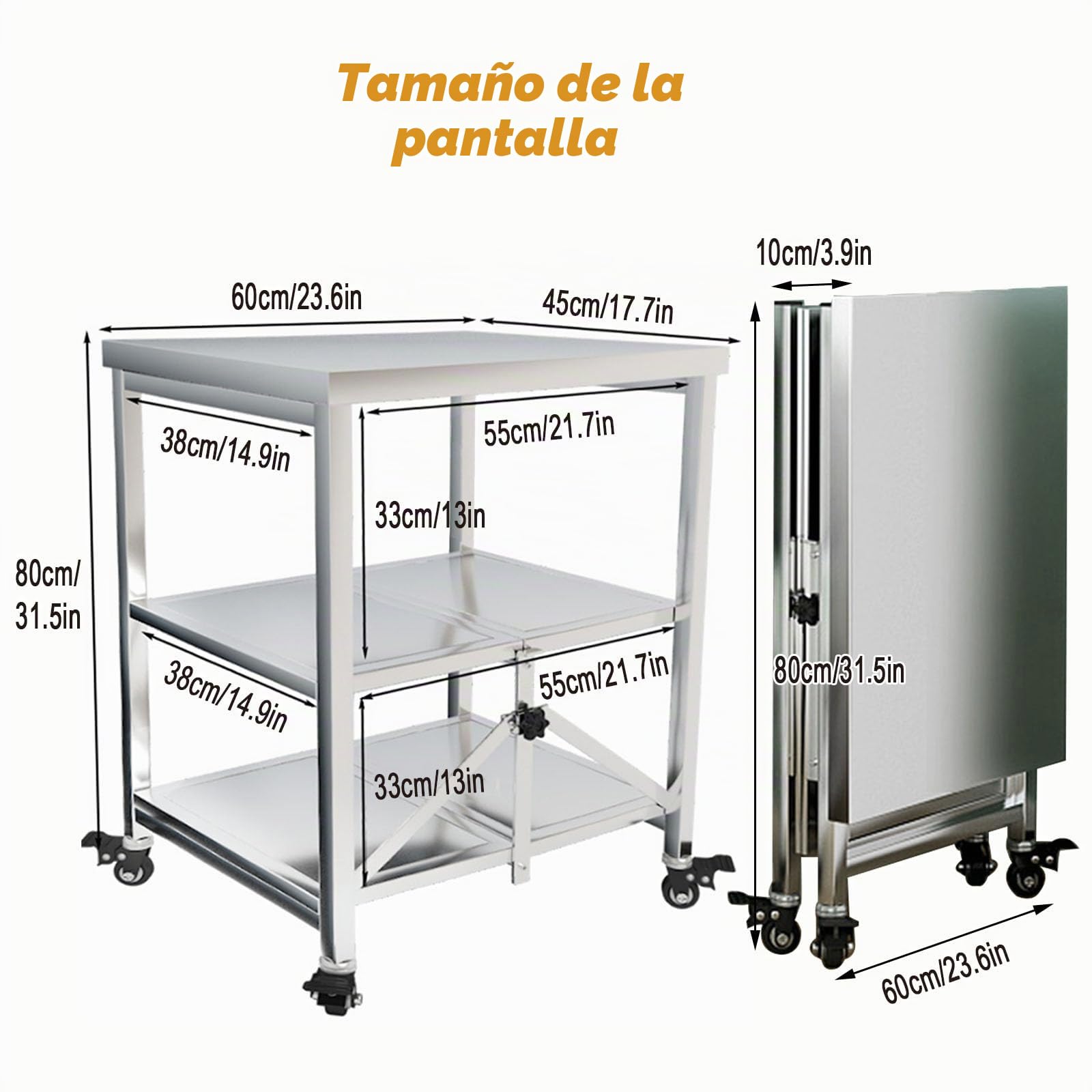 Carrito de Servicio 3 Niveles Acero Inoxidable 60X45X80CM | Plegable, Con Ruedas, Multifuncional, Para Hotel Restaurantes Escuelas