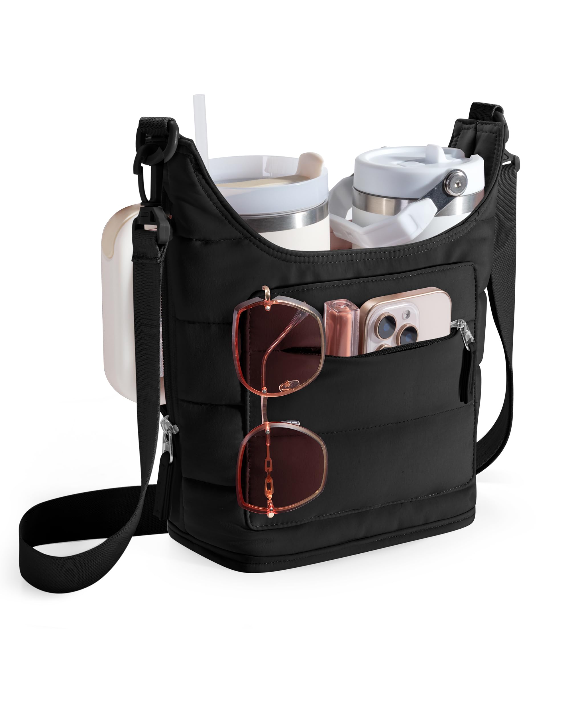 Photo 1 of Trahzia Water Bottle Holder with Strap for 2 Cups, Water Bottle Sling Bag with Phone Pocket, Tumbler Carrier Bag for Walking, Hiking, Camping, Black