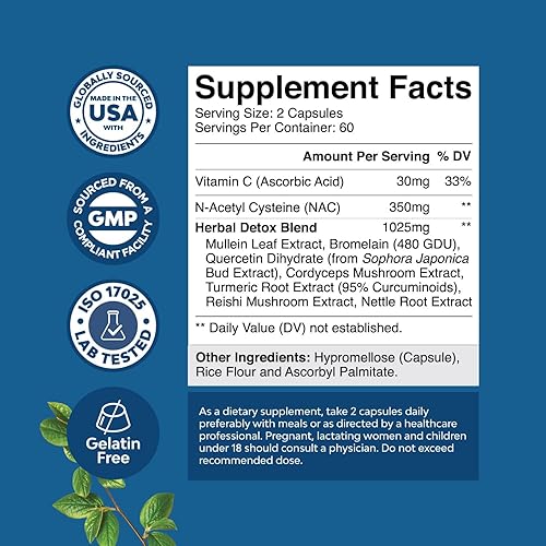 Miniatura 3 de Cápsulas de hojas de gordolobo para desintoxicación pulmonar – Complejo purificador de limpieza pulmonar con quercetina NAC y extractos de cordyceps