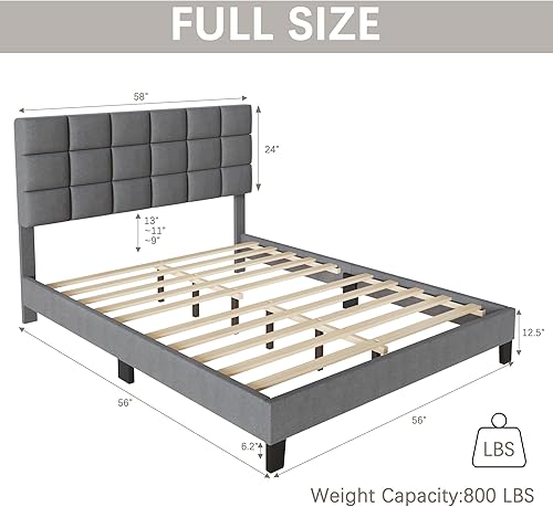 Miniatura 7 de Base de cama tamaño matrimonial tapizada con cabecero ajustable de tela de lino, soporte de listones de madera, no necesita somier, fácil montaje,
