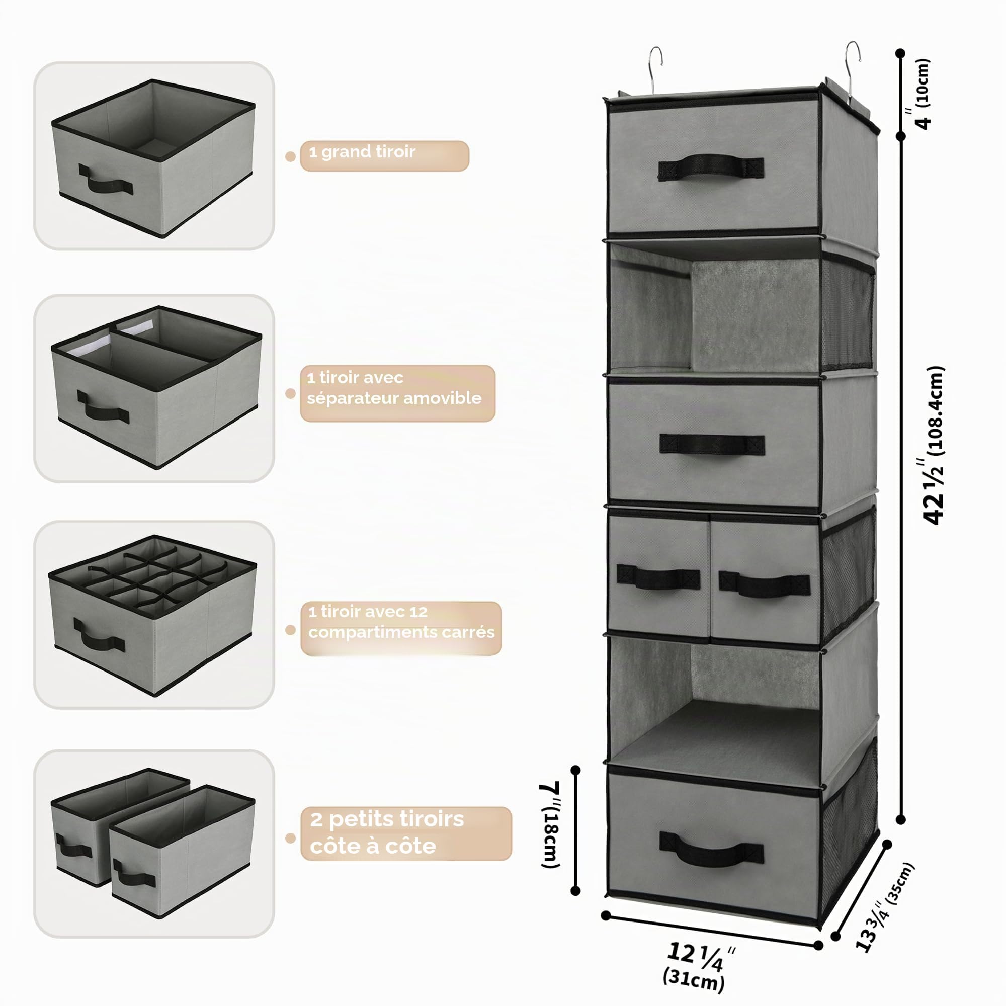 GRANNY SAYS Rangement de Penderie à 6 Compartiments, Étagère Suspendue de Rangement avec Tiroirs EI Poches Latérales, Rangement Suspendus pour Vêtements Pliable, Organisateur de Penderie Gris