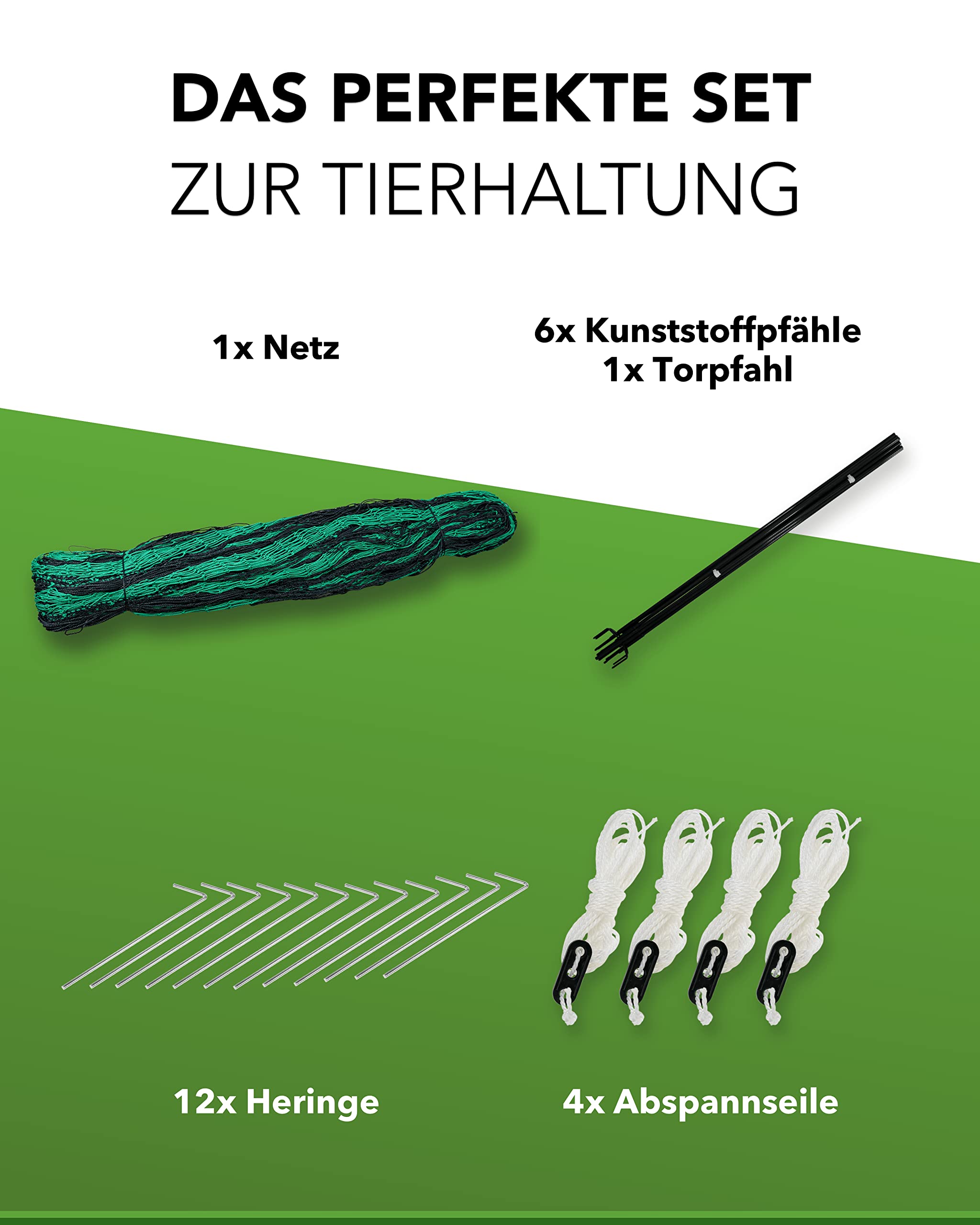 Geflügelnetz - engmaschiger Hühnerzaun - Weidezaun - Kleintierzaun mit Zugangstor, Pfählen und Heringen - mobiler Geflügelzaun - Farmzaun - Größe: 12m x 125cm