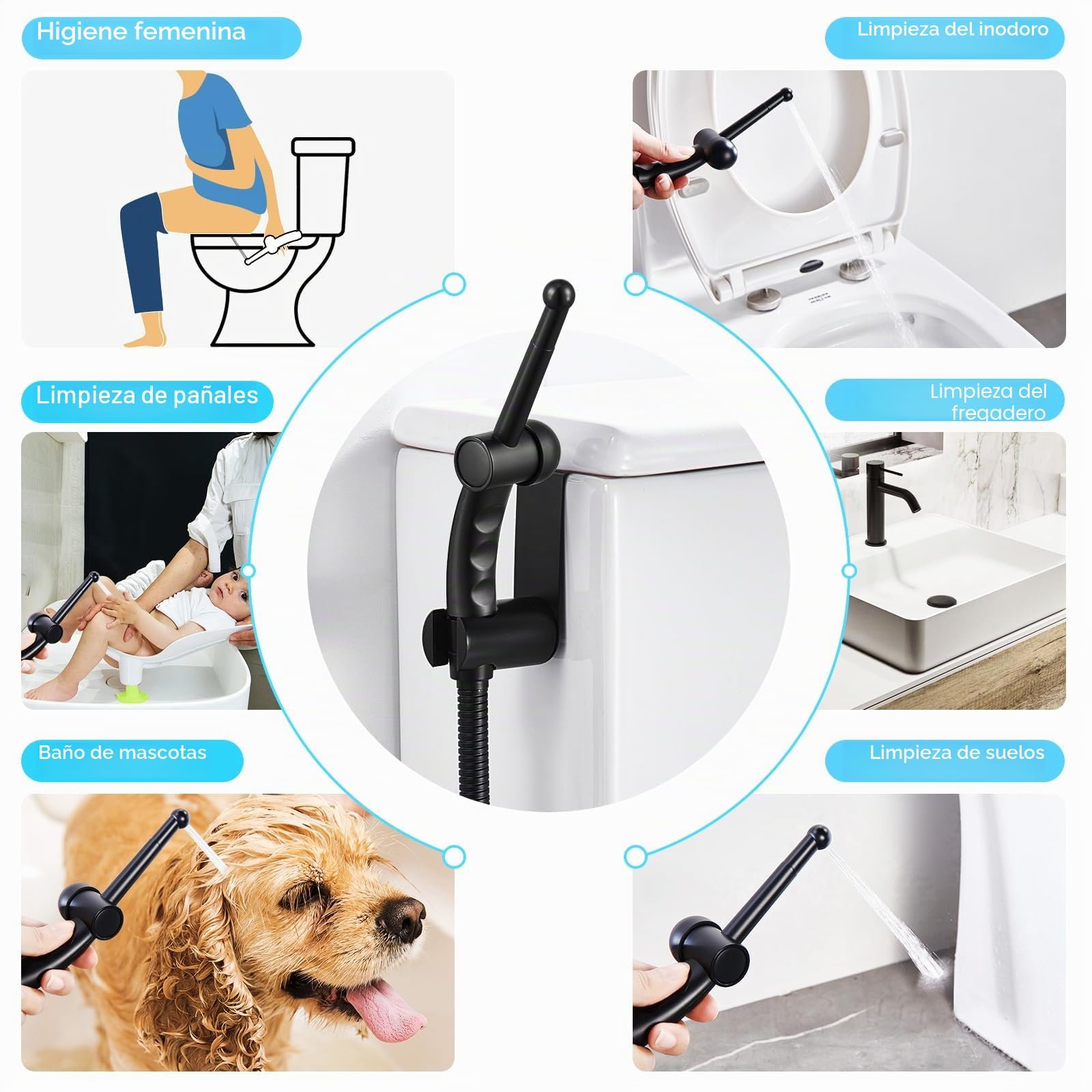 CREA Ducha Bidet para WC,Grifo Bidet Negro,Pulverizador Ducha Higiénica para Baño, Grifo para el váter con ducha de mano, Juego Ducha Higienica para WC de Mano, Negro Mate | Con ducha de mano con manguera flexible de 1,2 m y soporte, juego de ducha de bid