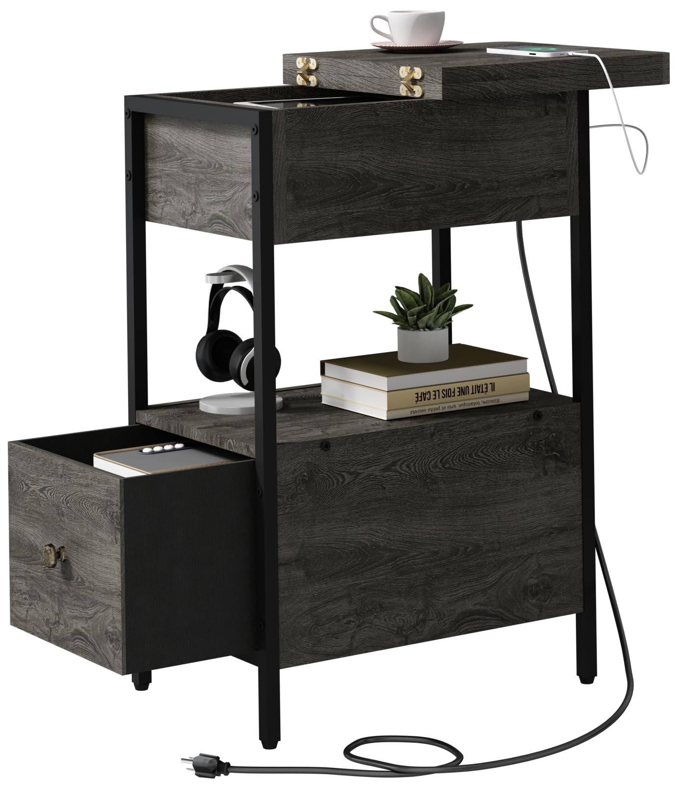 SOOWERY End Table with Charging Station, Narrow Side Table with Flip Top Cabinet and Fabric Drawer, Nightstand Bedside Tables for Small Spaces, Bedroom, Living Room, Dark Grey
