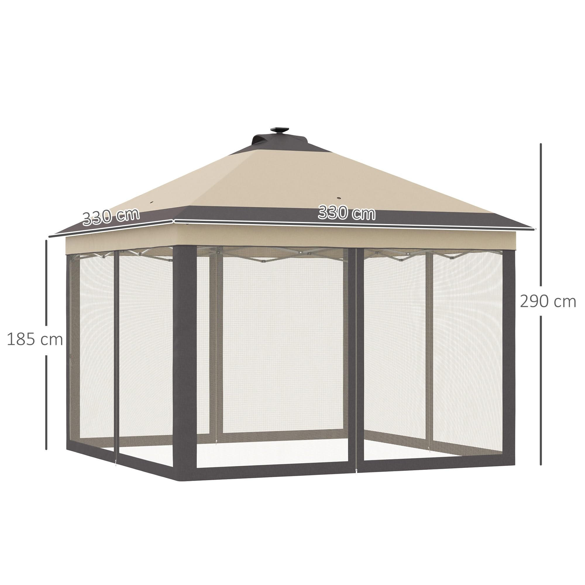 Outsunny Carpa Plegable con Luces LED 3,3x3,3 m Cenador de Jardín con Control Remoto 4 Paredes Laterales de Malla Altura Ajustable y Bolsa de Transporte para Patio Fiestas Beige