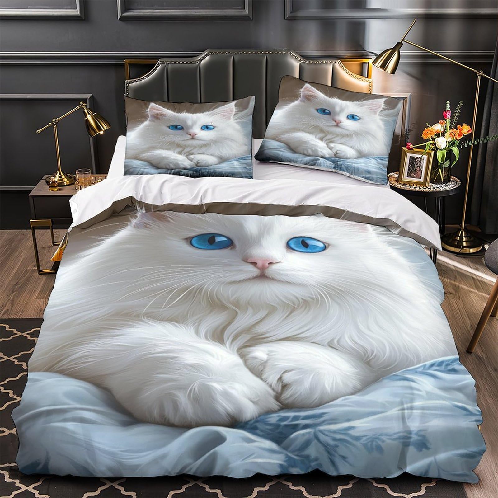 Drap de couette chat blanc duveteux pour une décoration de chambre familiale chaleureuse