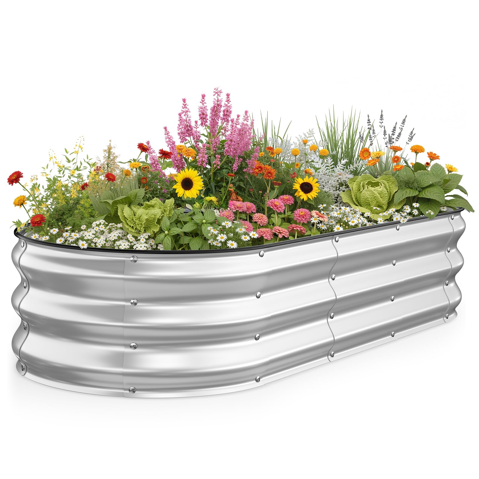 Kesfitt Raised Garden Bed, 5x2x1 FT Galvanized Steel Metal Raised Garden Bed, Oval Open-Bottom Design, 12-Inch Deep for Outdoor Vegetable & Herb Gardening, Silver