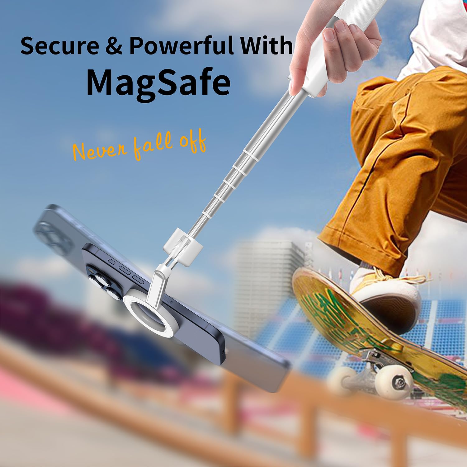 SEAJIC - Trípode magnético para iPhone Selfie Stick con control remoto y anillo de metal, teléfono para grabación de video, soporte de teléfono celular para teléfono celular (blanco, 54 pulgadas)