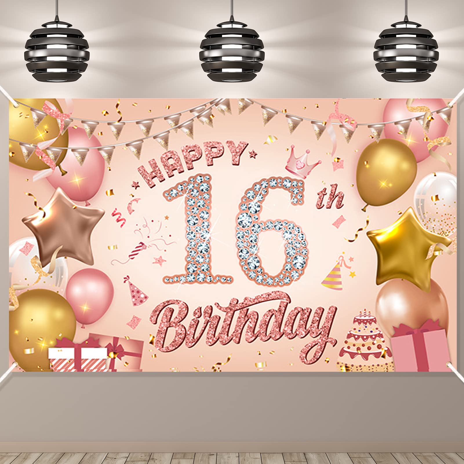 Happy 16th Birthday Banner Rose Gold Party Decorations Backdrop, Sign Poster Photo Background Fabric for Girls Women, 110 x 180 cm