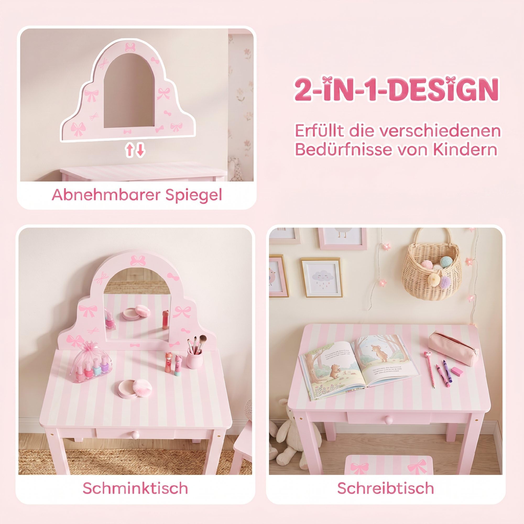 AIYAPLAY Kinder Schminktisch Set 2 in 1 mit Hocker für Mädchen 3-6 Rosa