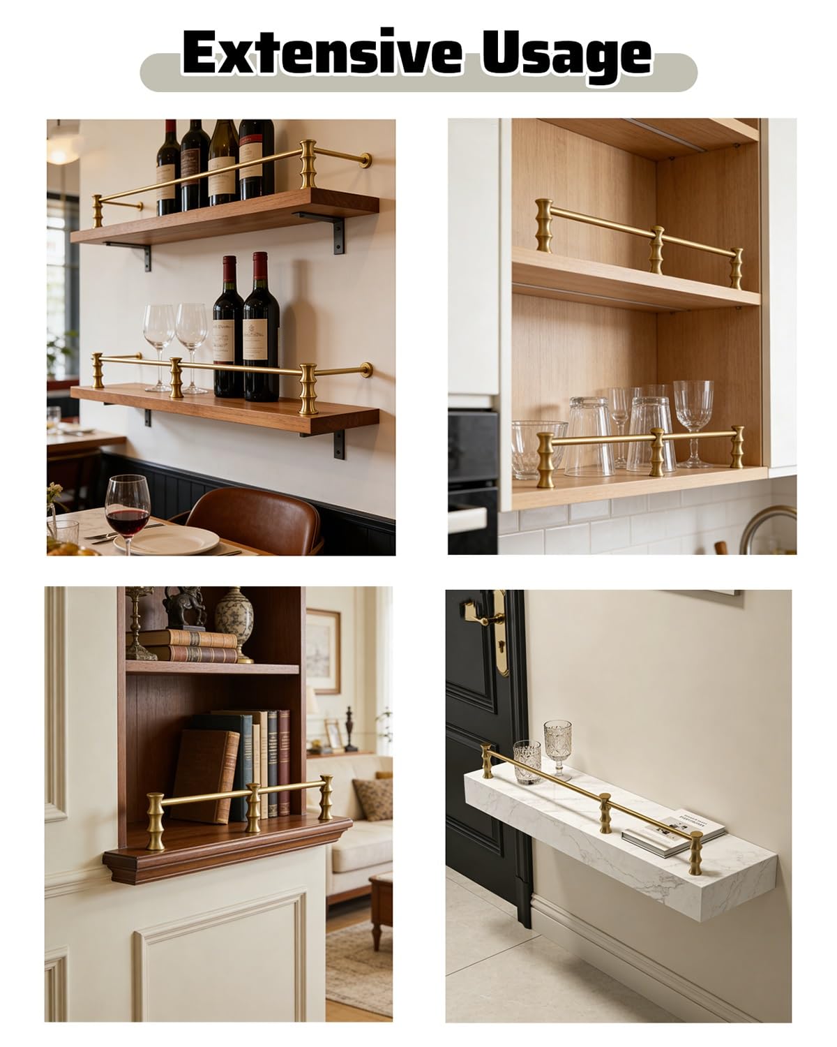 Binario in ottone con pali per esposizione, ripiani sospesi antichi per armadio, scrivania, bagno e cucina, impedisce la caduta degli oggetti